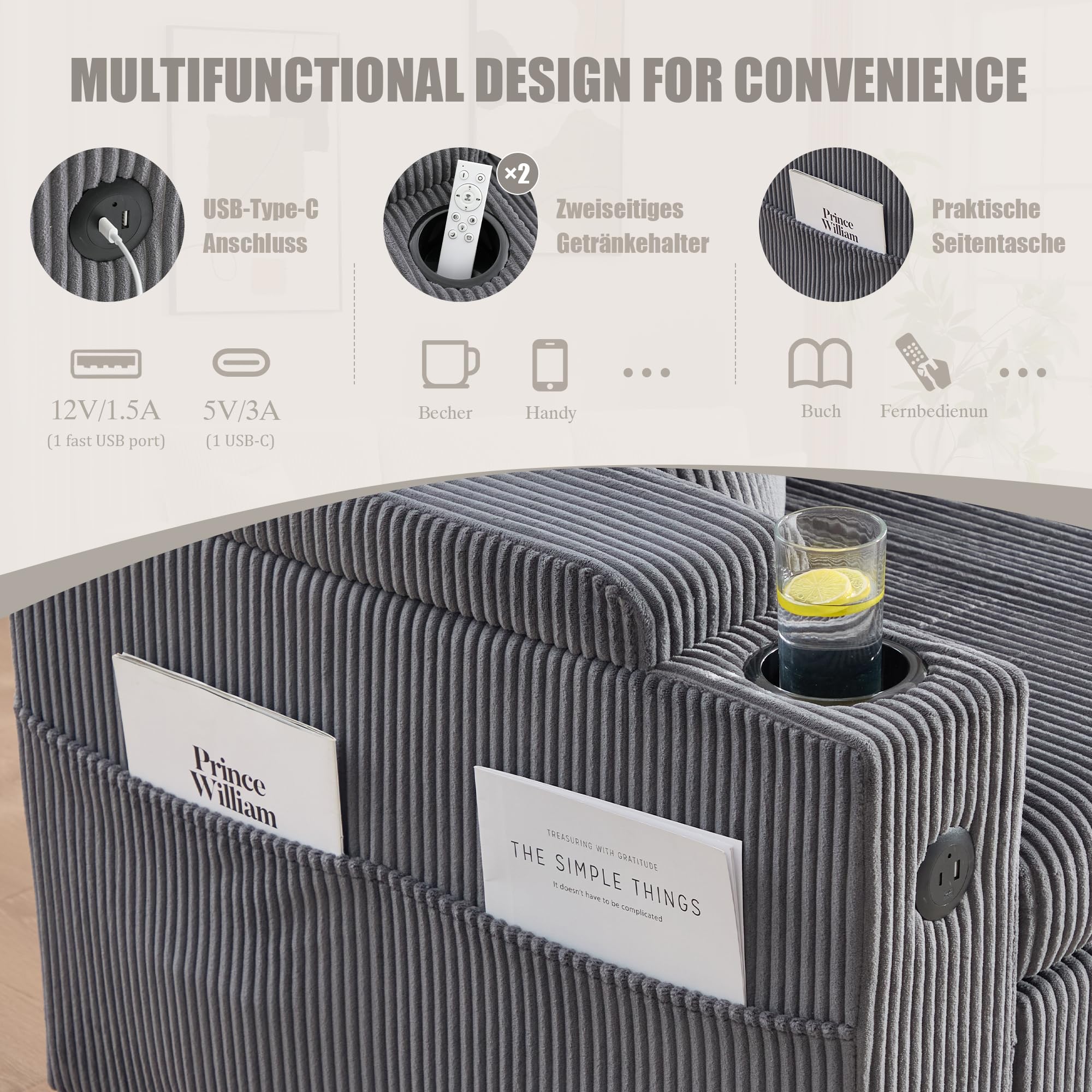 Sapgaks Canapé d'angle Convertible en L avec Espace de Rangement,Porte-gobelets et USB-C,Canapé lit Pliant Moderne,canapé Convertible 3 Places en Velours côtelé (H-Gris Carbone)