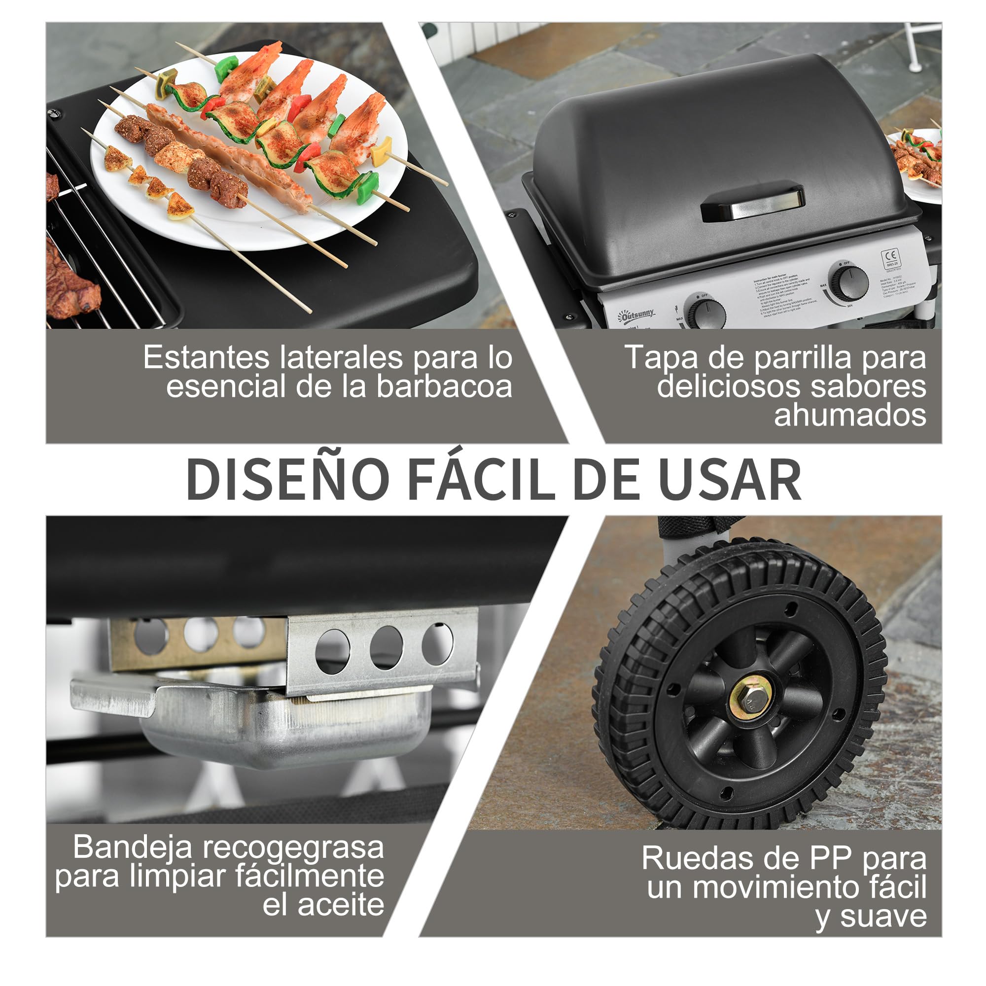 Outsunny Barbacoa de Gas con 2 Quemadores de 5,6 KW BBQ de Gas Portátil con 2 Ruedas 2 Mesas Laterales y Parrillas de Acero para Camping Picnic 104x49x99 cm Negro