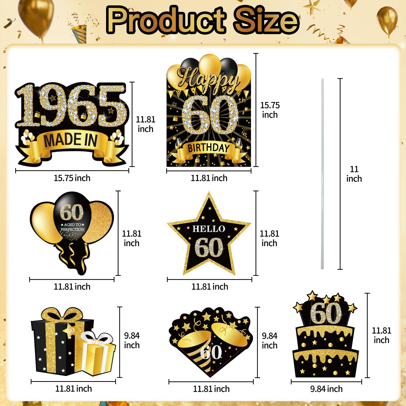 7Pcs Black Gold 60th Birthday Yard Sign Decorations for Men and Women, Happy 60th Birthday Made in 1965 Lawn Sign Party Supplies,Sixty Year Old Birthday Yard Decor with Stakes