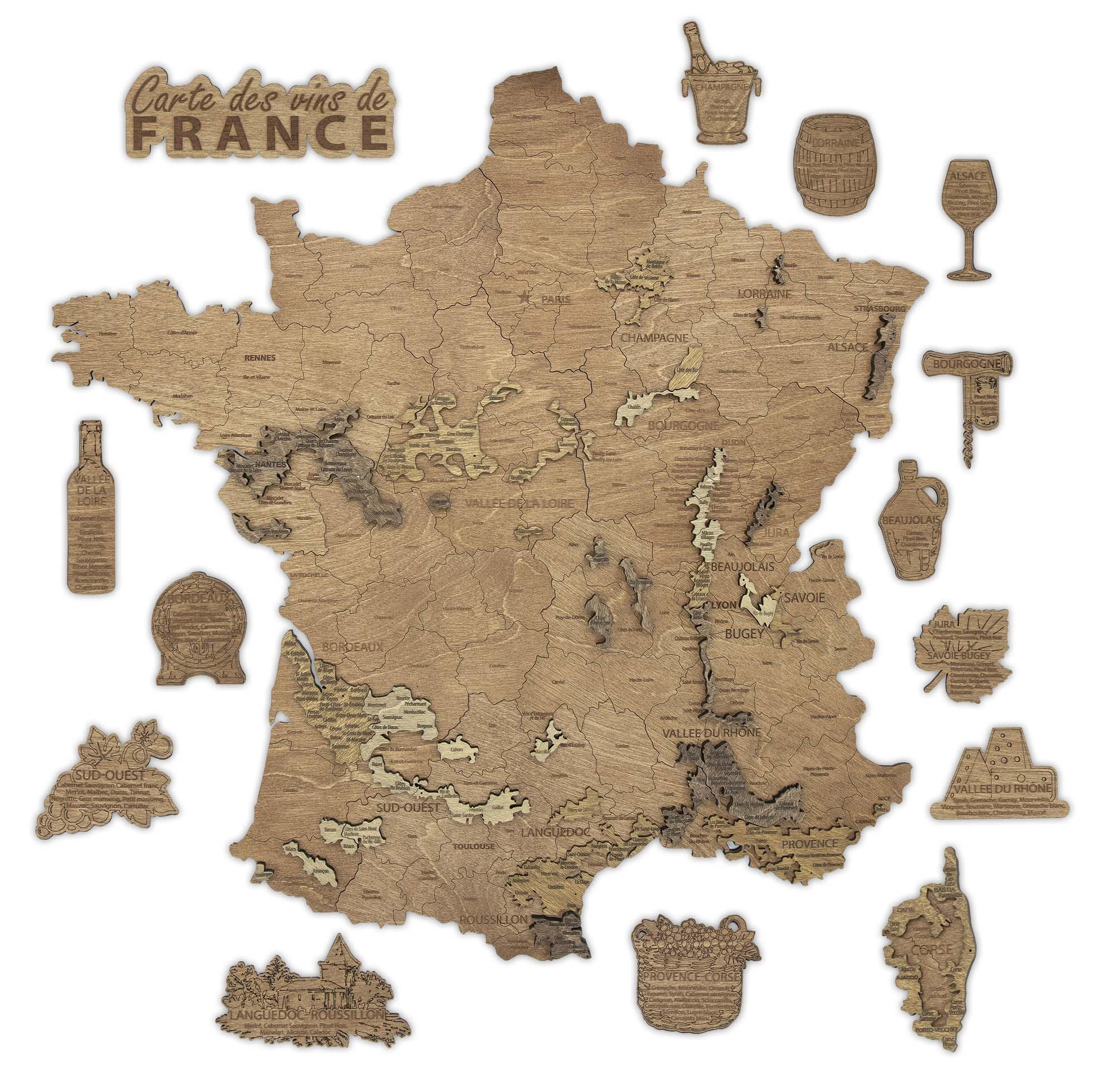 Creatifwood Carte des vins de France et des régions viticoles en bois décoration murale - effet 3D unique
