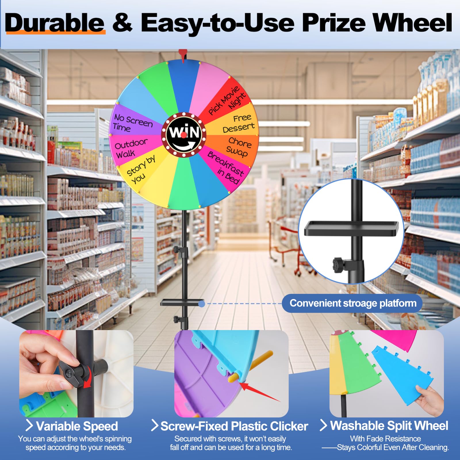61 cm Glücksrad, 14 Farben Abnehmbarer Drehendes Preisrad mit 360°-Drehrollen, EMART Glücksrad zum Drehen Groß Kritzelspiel mit Verstellbarer Stativständer 86-152cm