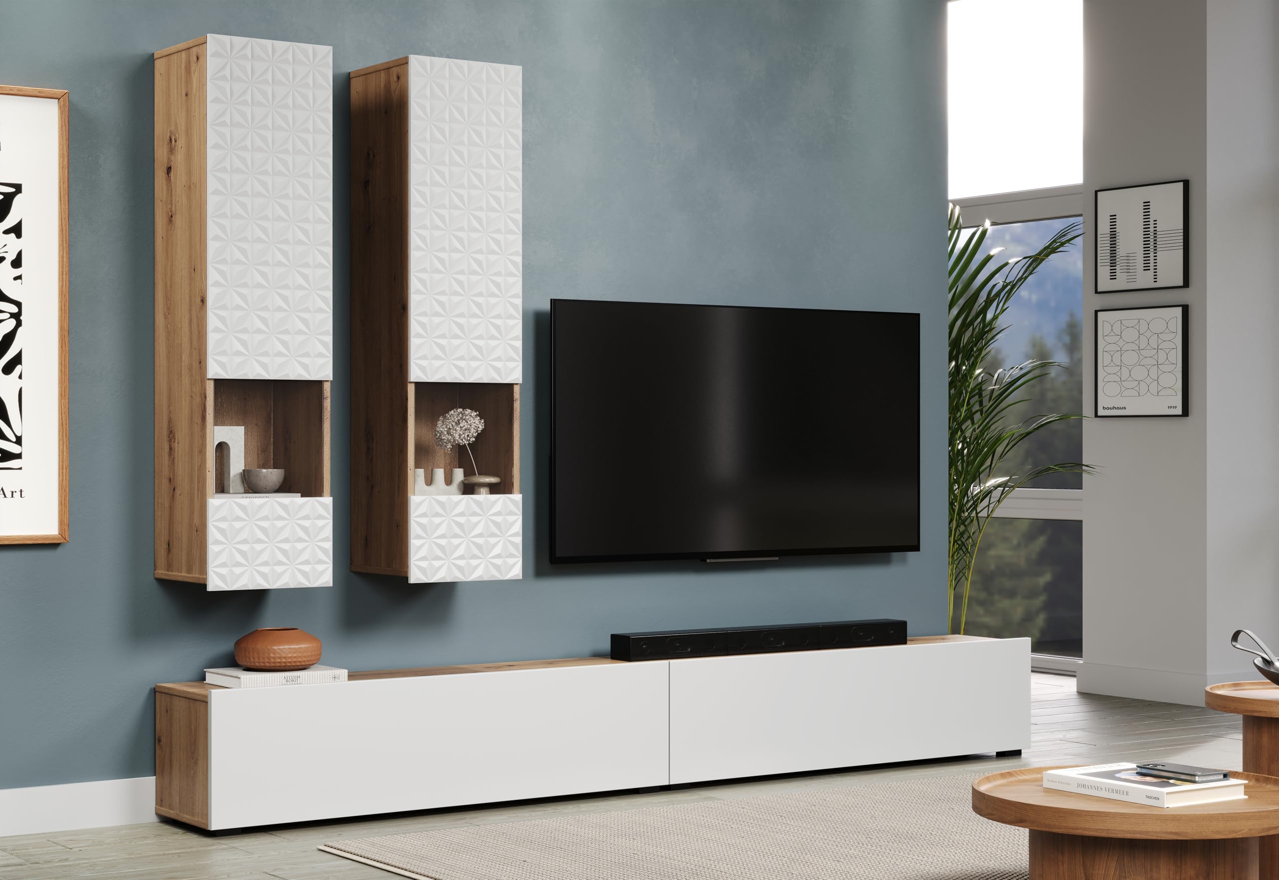 trendteam smart living - Rezzo - Wohwand - Eiche/Weiß matt - Wohnzimmermöbel mit Soft-Close Funktion - (BxHxT) 241 x 200 x 30 cm - TV-Unterteil stehend oder hängend montierbar