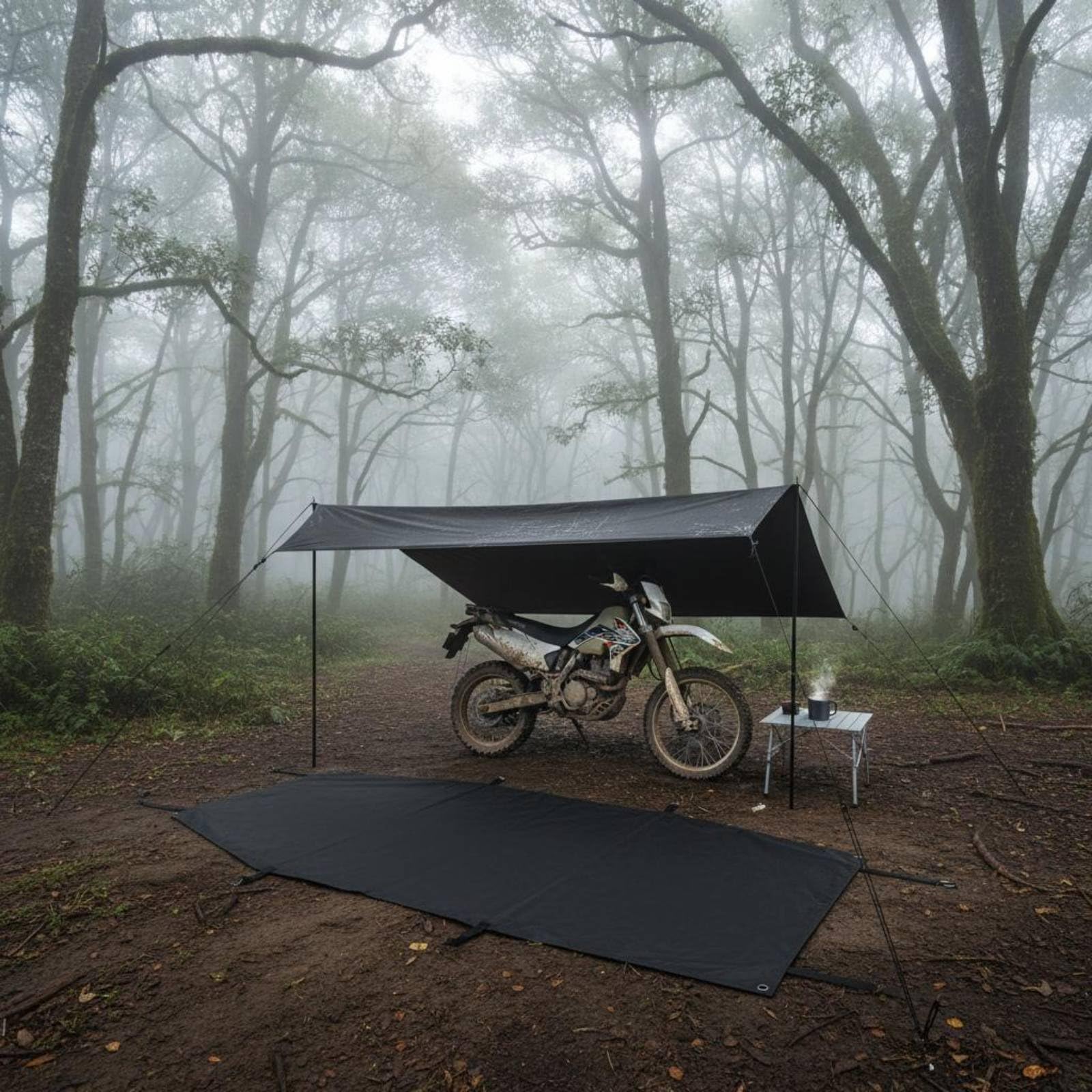 Portable Outdoor Shelter Motorrad Markise Outdoor Schutzplane Regenschutz Tragbar Zelt für Biker Rast Wanderungen Outdooraktivitäten, Schwarz Mit Komplettem Zubehör 440cm 200cm, Groß