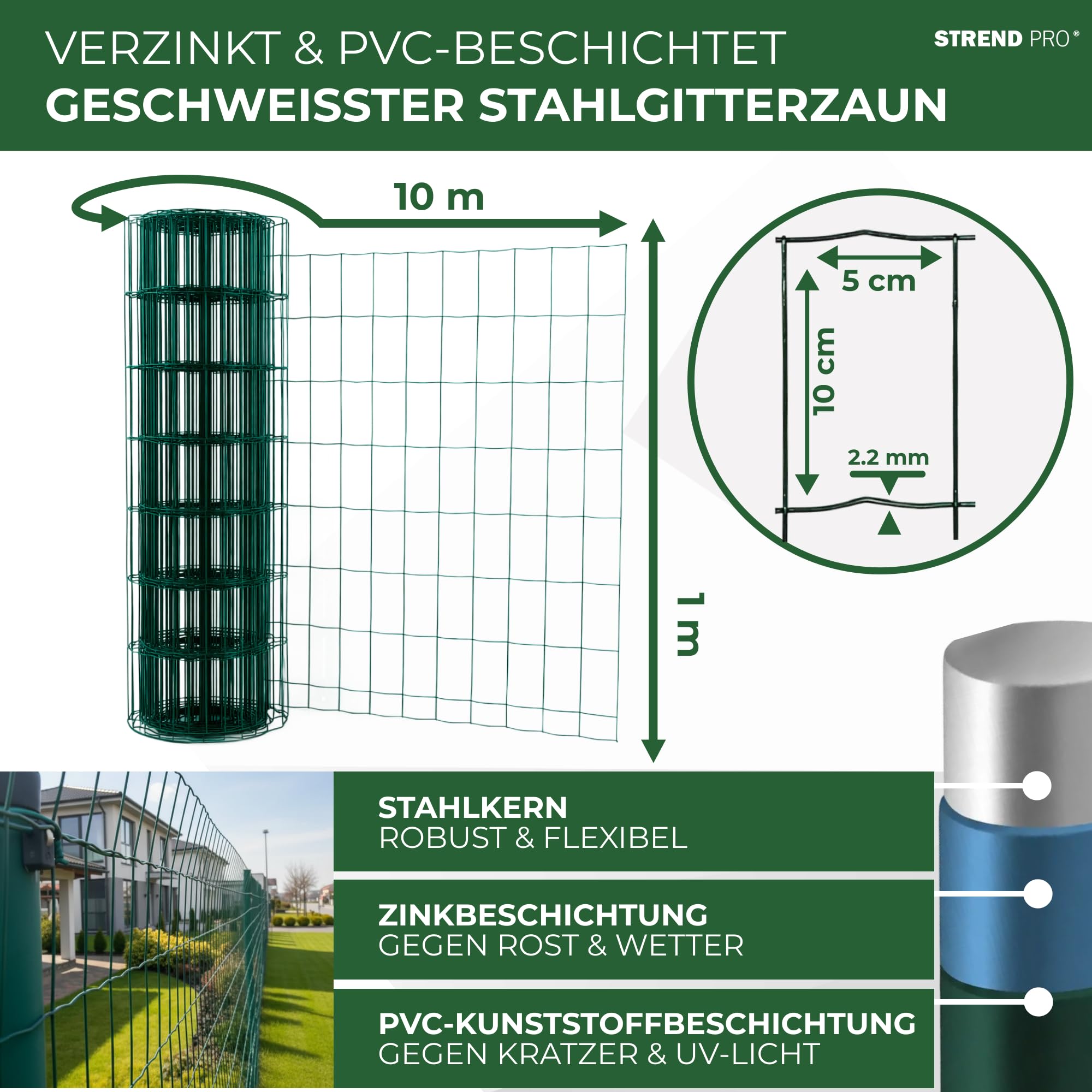 STREND PRO Zaun Gartenzaun 100cm Höhe | Länge 10 m | Grün Wildzaun | Maschenweite 100 x 50 mm | Verzinkt & PVC-beschichtet | Schweißgitter Zaunrolle | Maschendrahtzaun | Drahtzaun