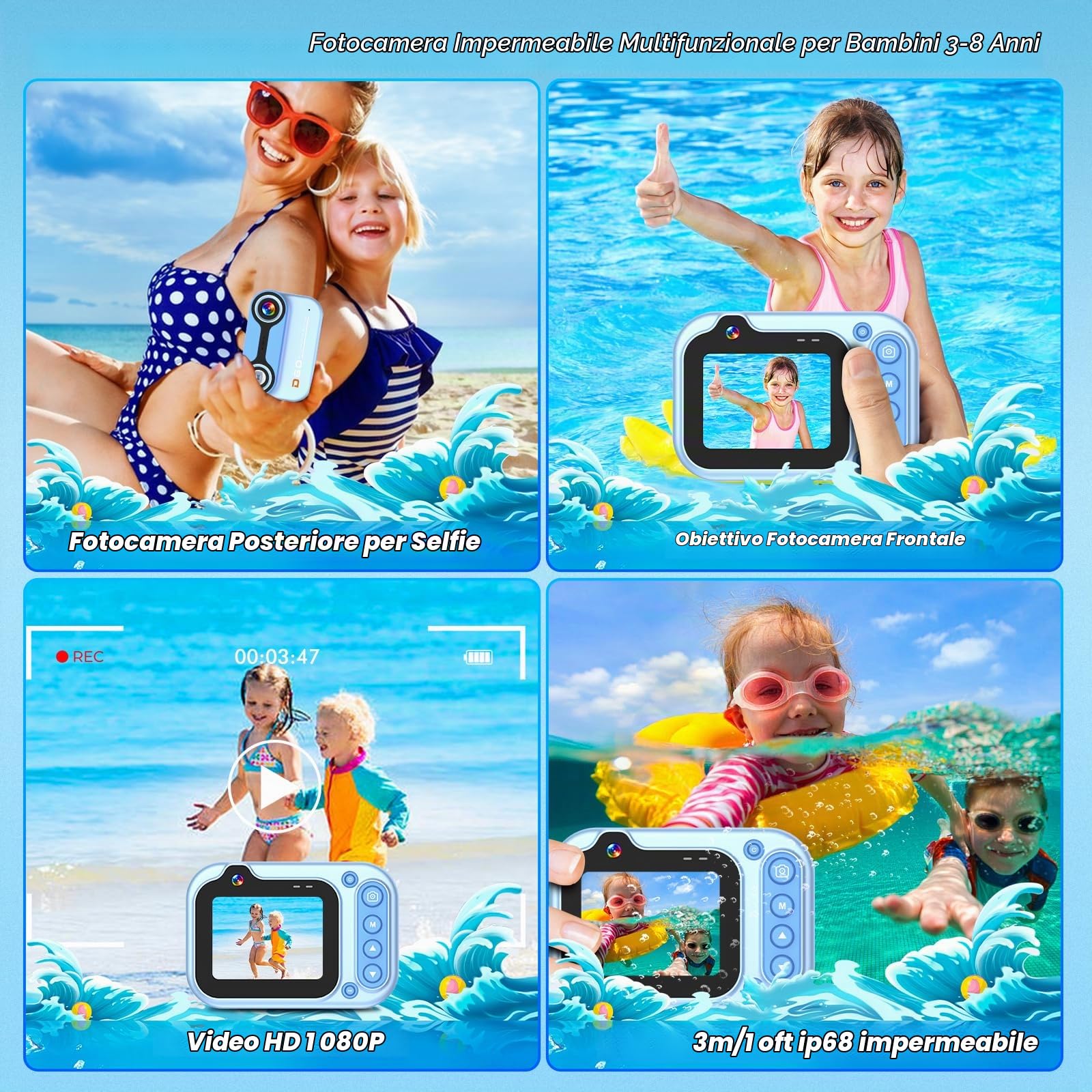 Macchina Fotografica Subacquea 10FT 1080P Full HD 26MP Fotocamera Subacquea Digitale, 10X Zoom Digitale, Telecamera Subacquea Per Selfie Subacquei, Nuoto, Spiaggia, Parco Acquatico - Blu