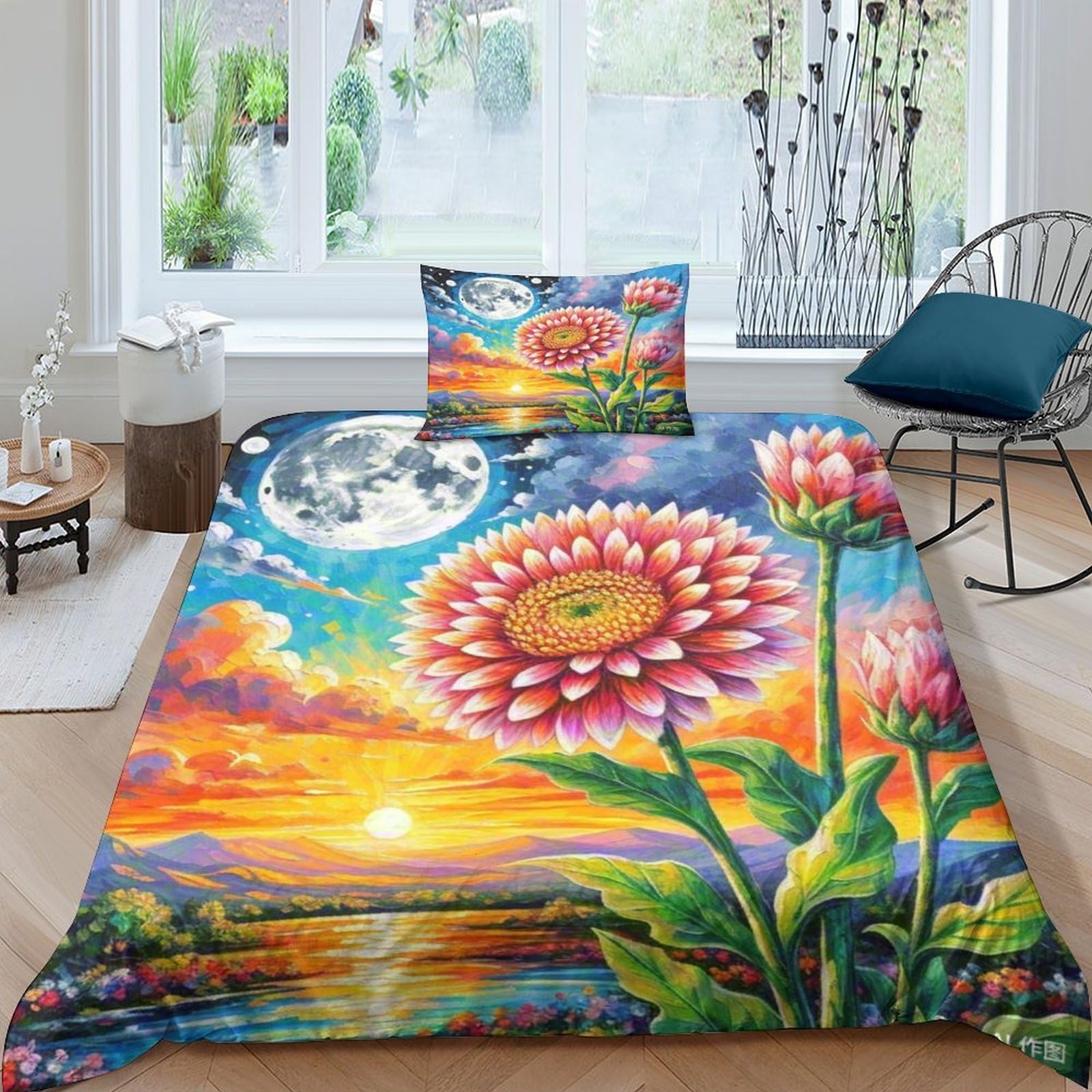 Housse de couette dahlie imprimée 3D 135x200cm en microfibre avec taie d'oreiller