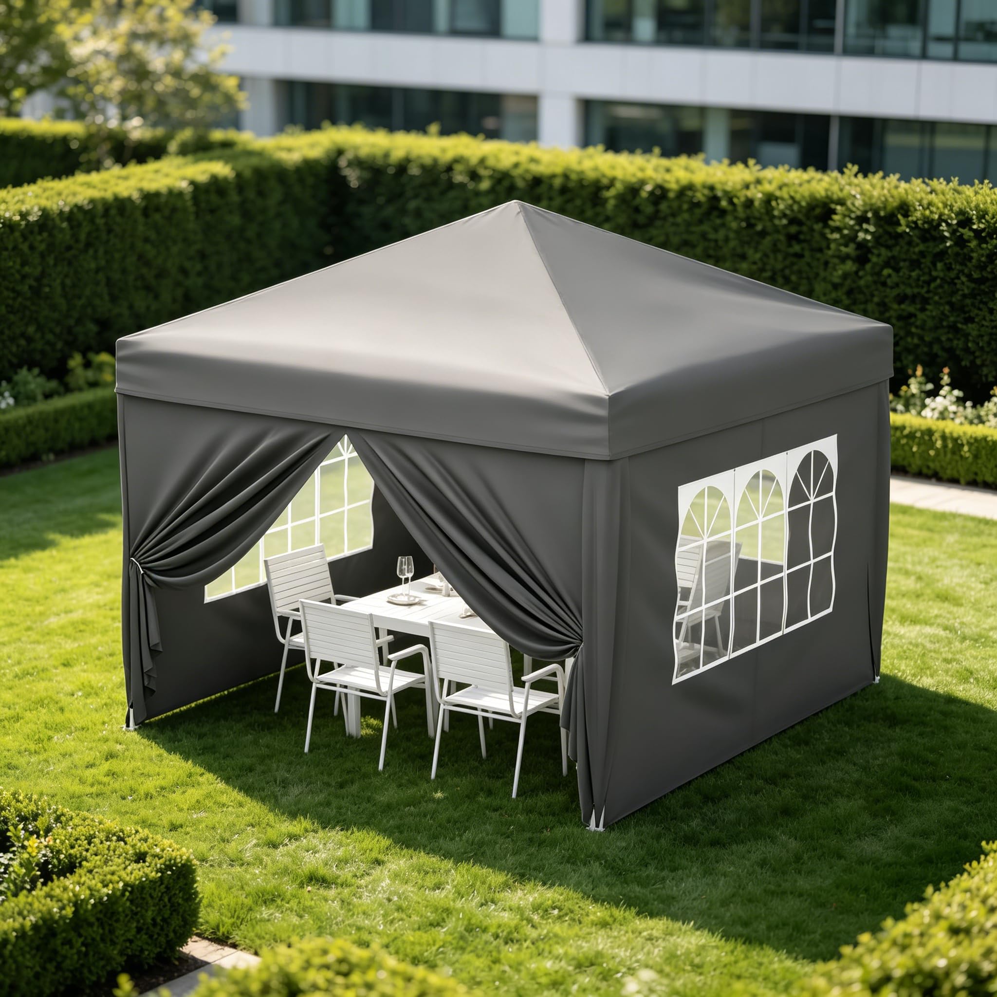 GarveeMore 3x3m Pop Up Gazebo with 4 Sidewalls - Instant One Touch Lock, Waterproof 150D Oxford UPF 50+ Garden Shelter with Carry Bag, Pegs, Ropes & Sandbags for Camping, Garden, Market (Grey)
