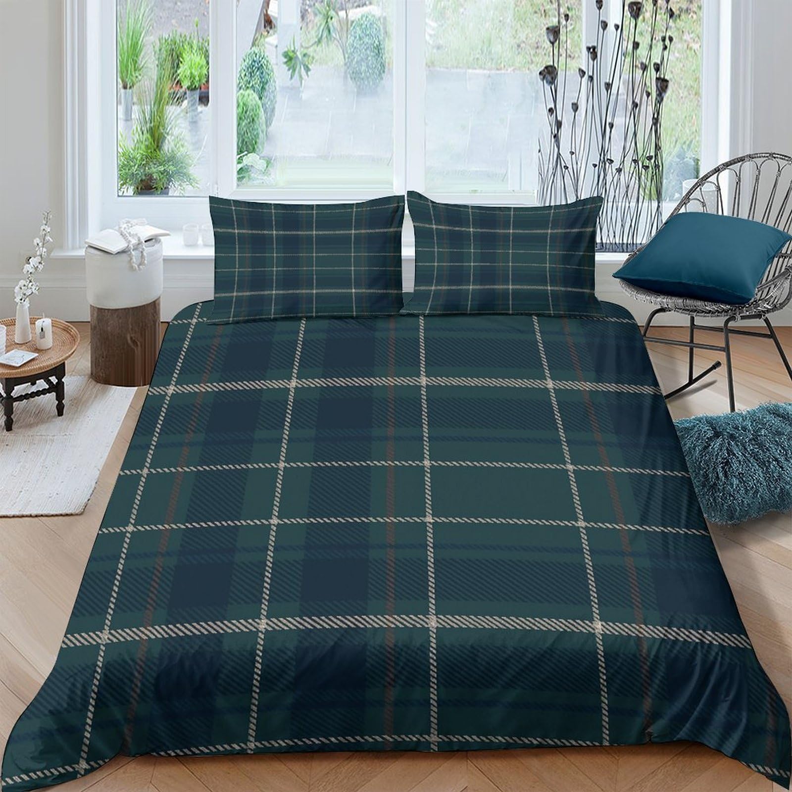 GPLZQXKJNH 3D Printed Dark Green Plaid Duvet Cover Set Microfiber Soft Breathable Tartan Quilt Cover with 2 Pillowcases for Bedroom Home Single（135x200cm）