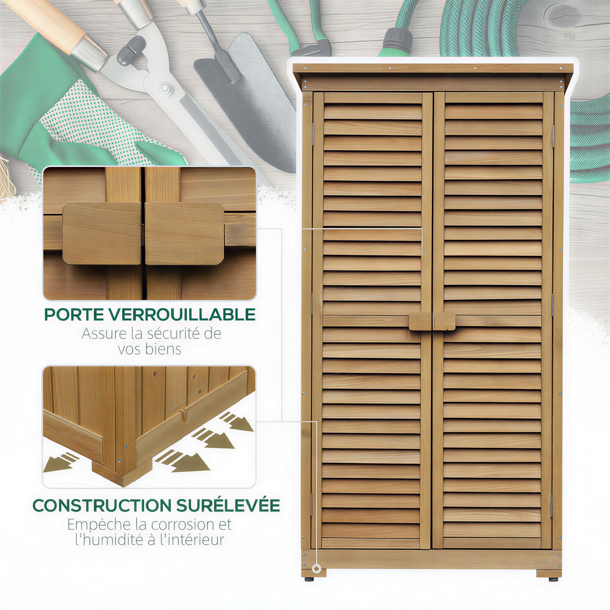 Outsunny Abri de Jardin abri à Outils sur Pied en Bois 2 étagères Portes à Volets Toit en Bitume incliné 87 x 47 x 160 cm Naturel
