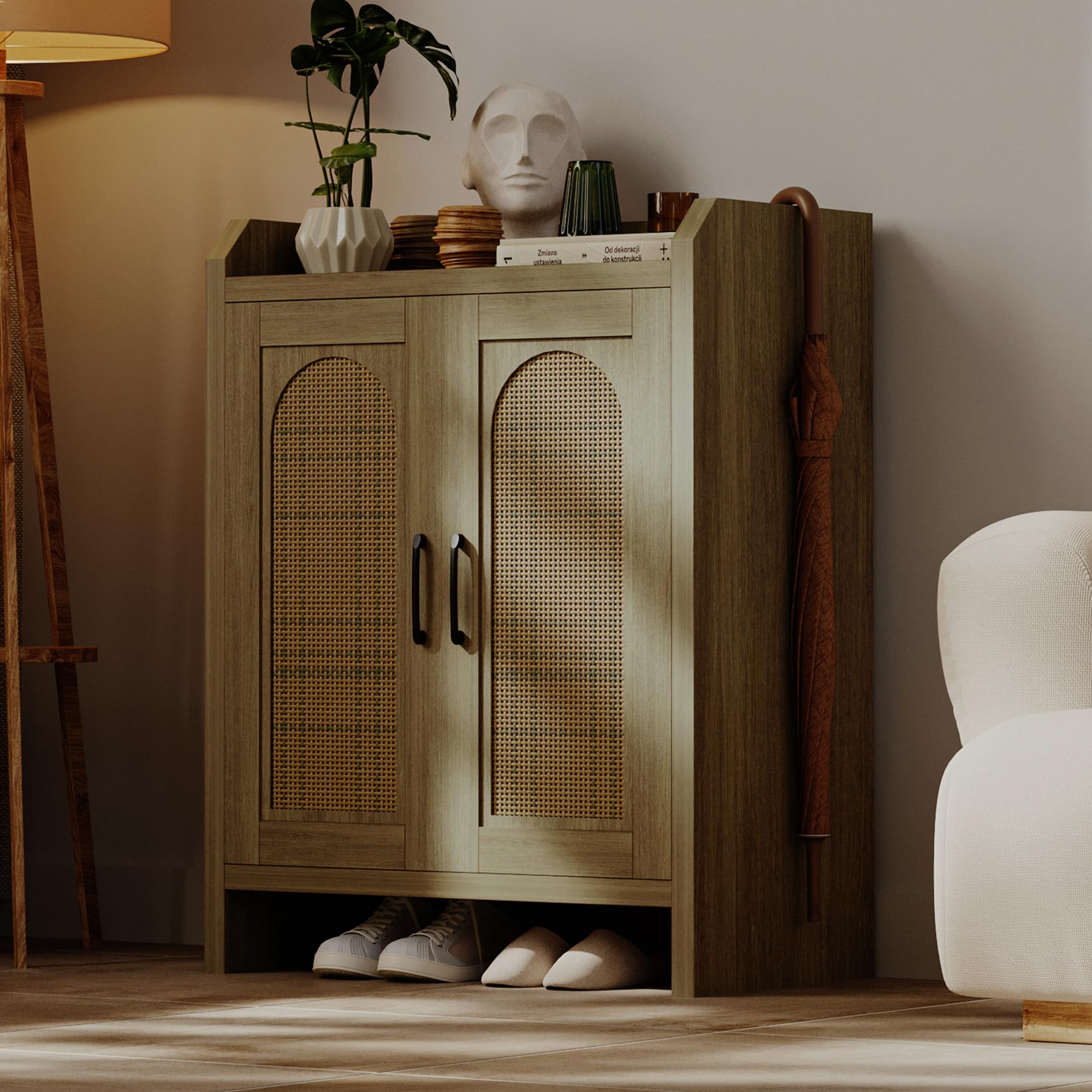 Shoe Cabinet Storage for Entryway, Rattan Storage Cabinet, Wooden Shoe Rack with Doors, Farmhouse Boho Wood Shoe Organizer Cabinet for Hallway (Oak)