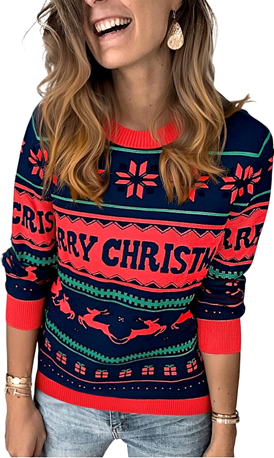 Saodimallsu Kersttrui voor dames, Christmas Sweater met ronde hals, lange mouwen, lelijke gebreide trui, rendierpatroon, winter trui, casual, warm, kersttruien, bovenkleding, A-groen, L