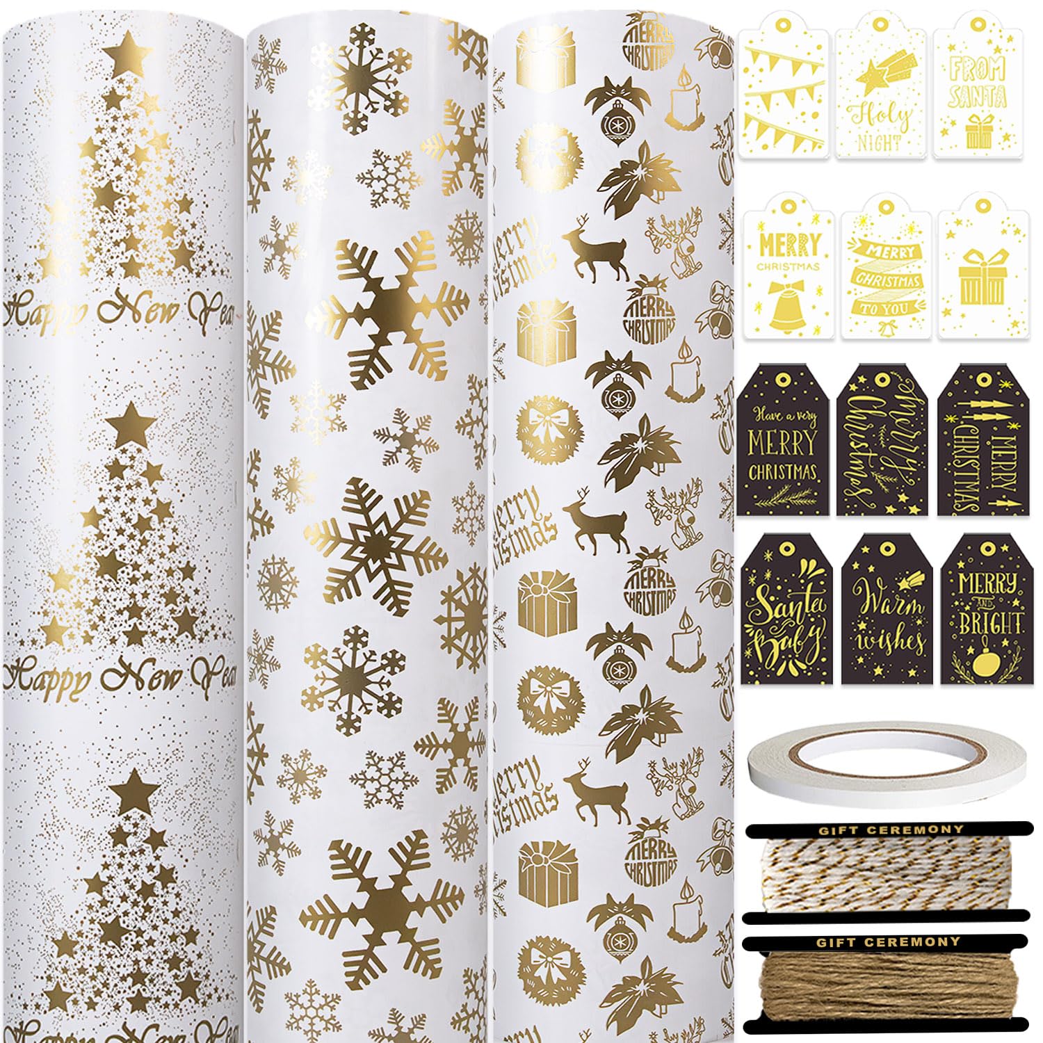 HaloCasa Christmas Wrapping Paper Set - 3 Shiny White Gold Xmas Paper Rolls (43cm x 3m each) with Gift Tags, Jute Twine & Double-Sided Tape, Luxury Gift Wrap for Christmas Presents & Advent Calendar