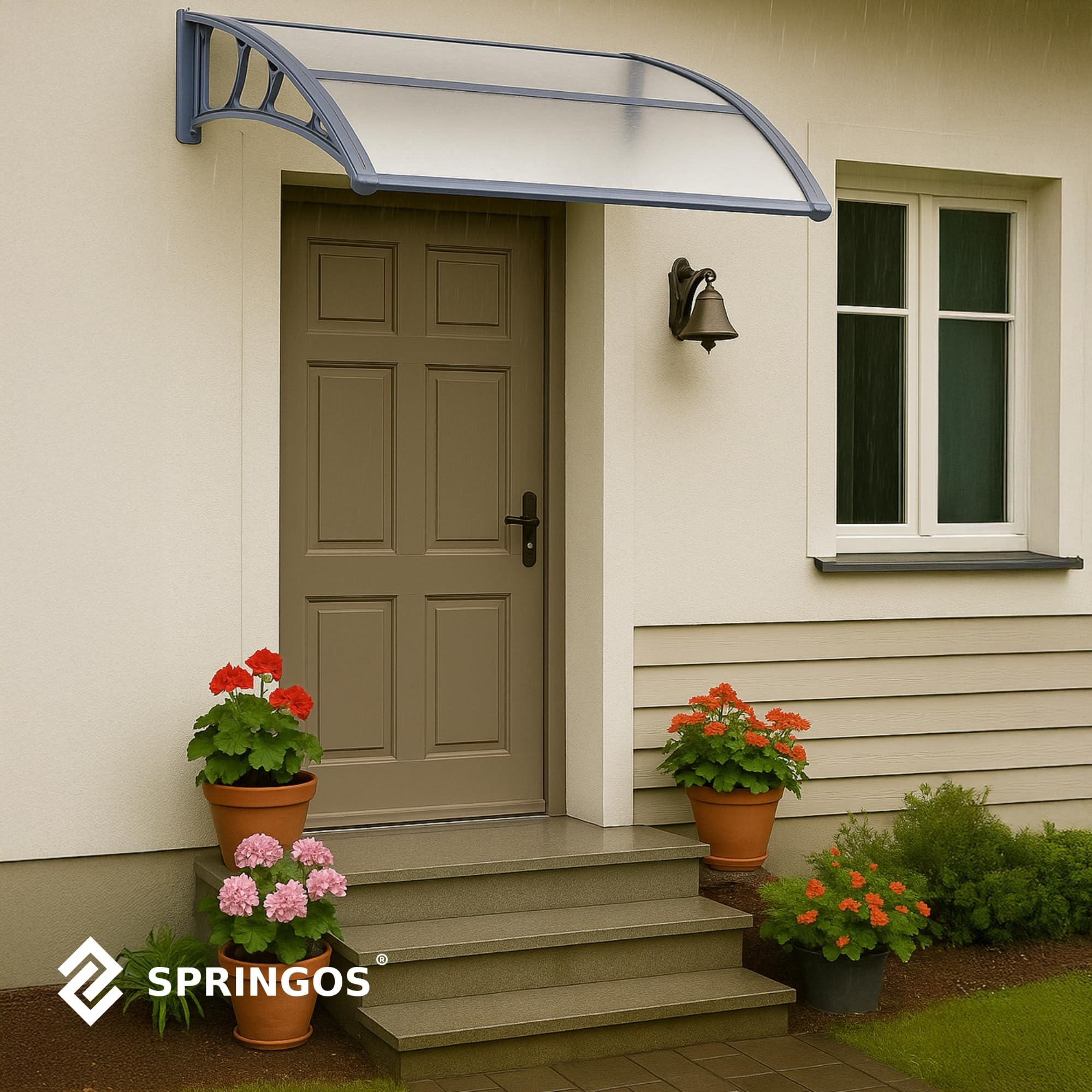 SPRINGOS Tettoia per porta d'ingresso, copertura di protezione per balcone, parapioggia, in alluminio e policarbonato, da 150 x 75 x 23 cm