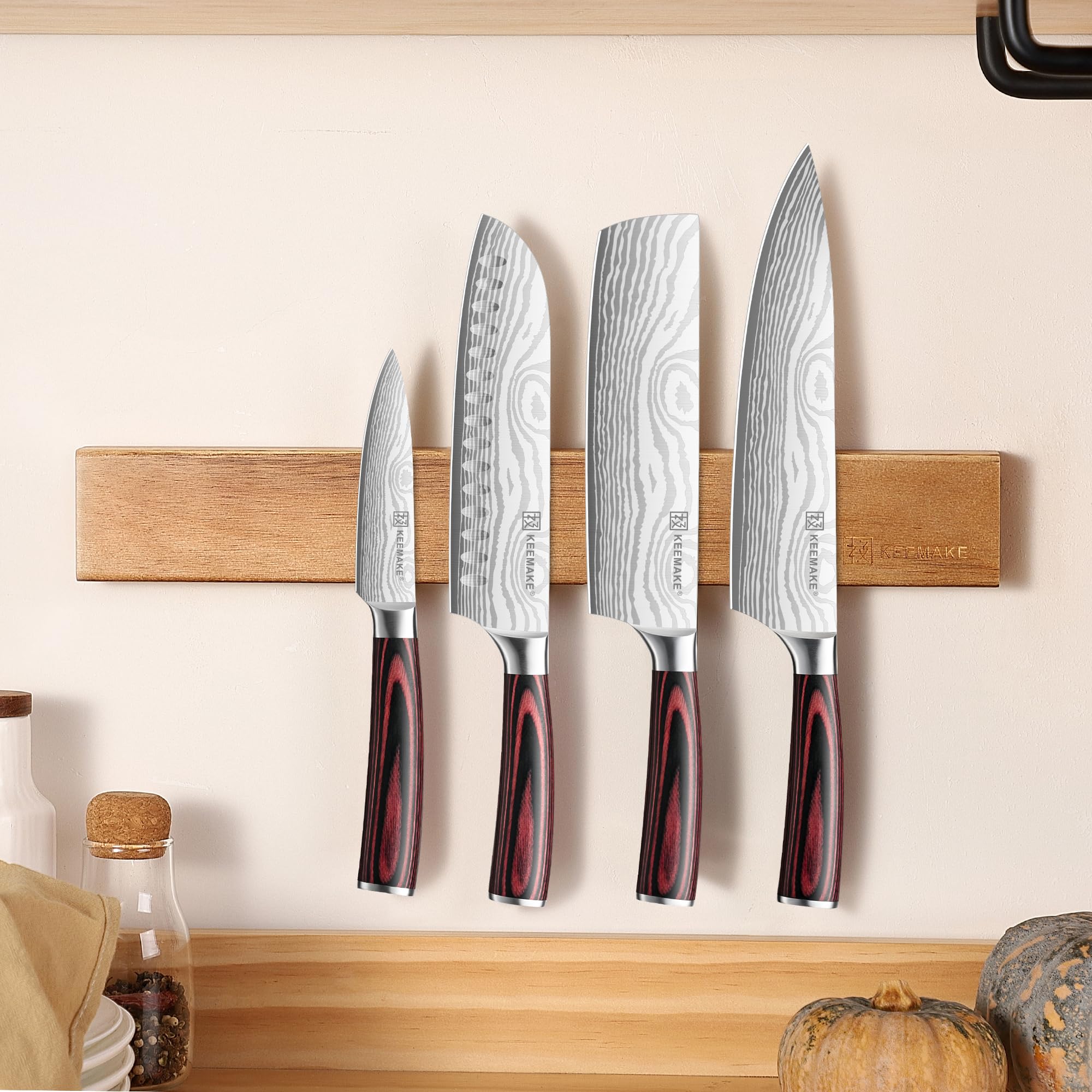 KEEMAKE Soporte magnético para cuchillos de pared, 41 cm, madera de acacia, potente imán de neodimio para colgar cuchillos de cocina y herramientas magnéticas
