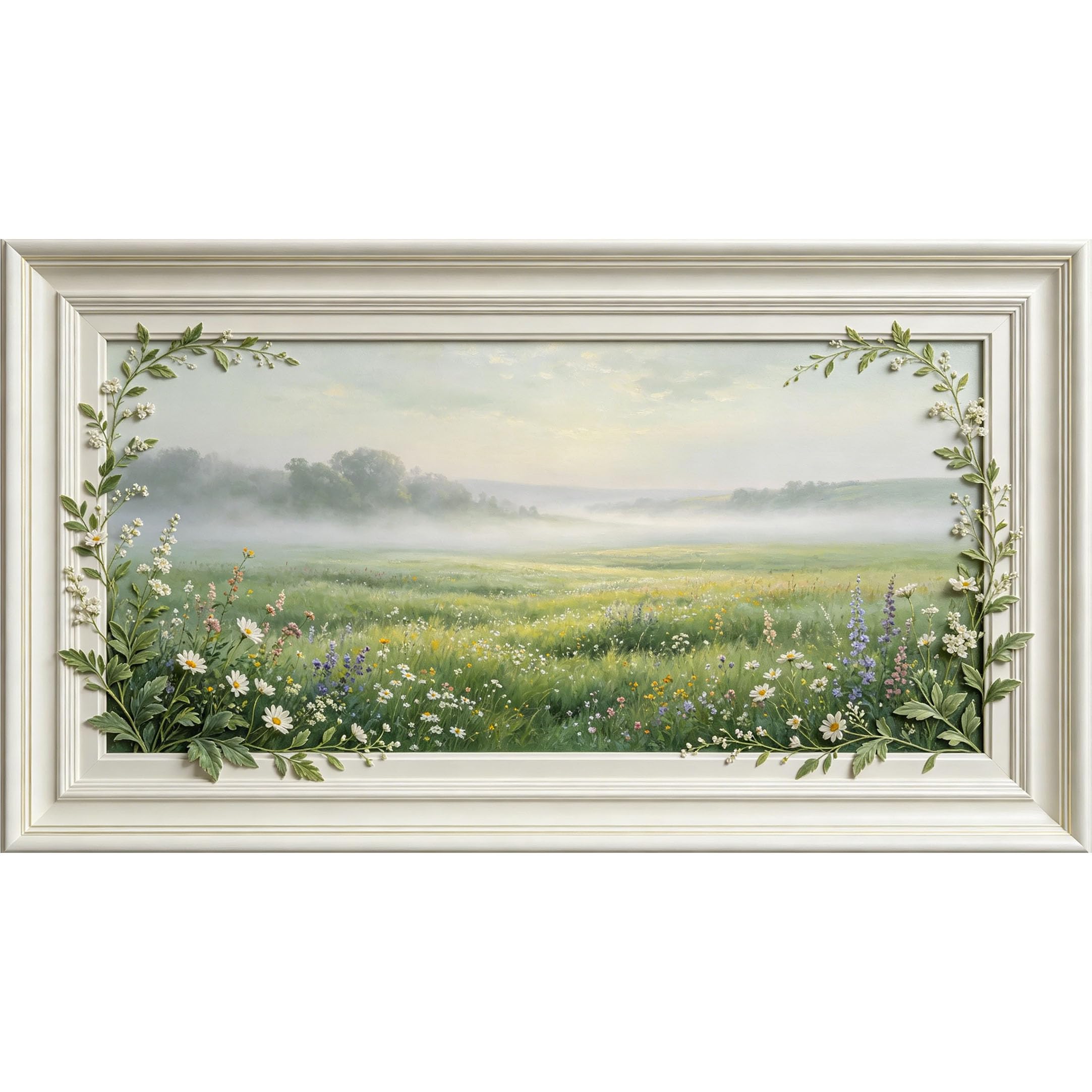 QZLITHOTIC 50x90cm3D Framed Wall Art， Misty Meadow Landscape Botanical Flowers Self‑Adhesive Mural， Water‑Activated Peel & Stick Fabric Decor Wall Decal for Bedroom Living Room