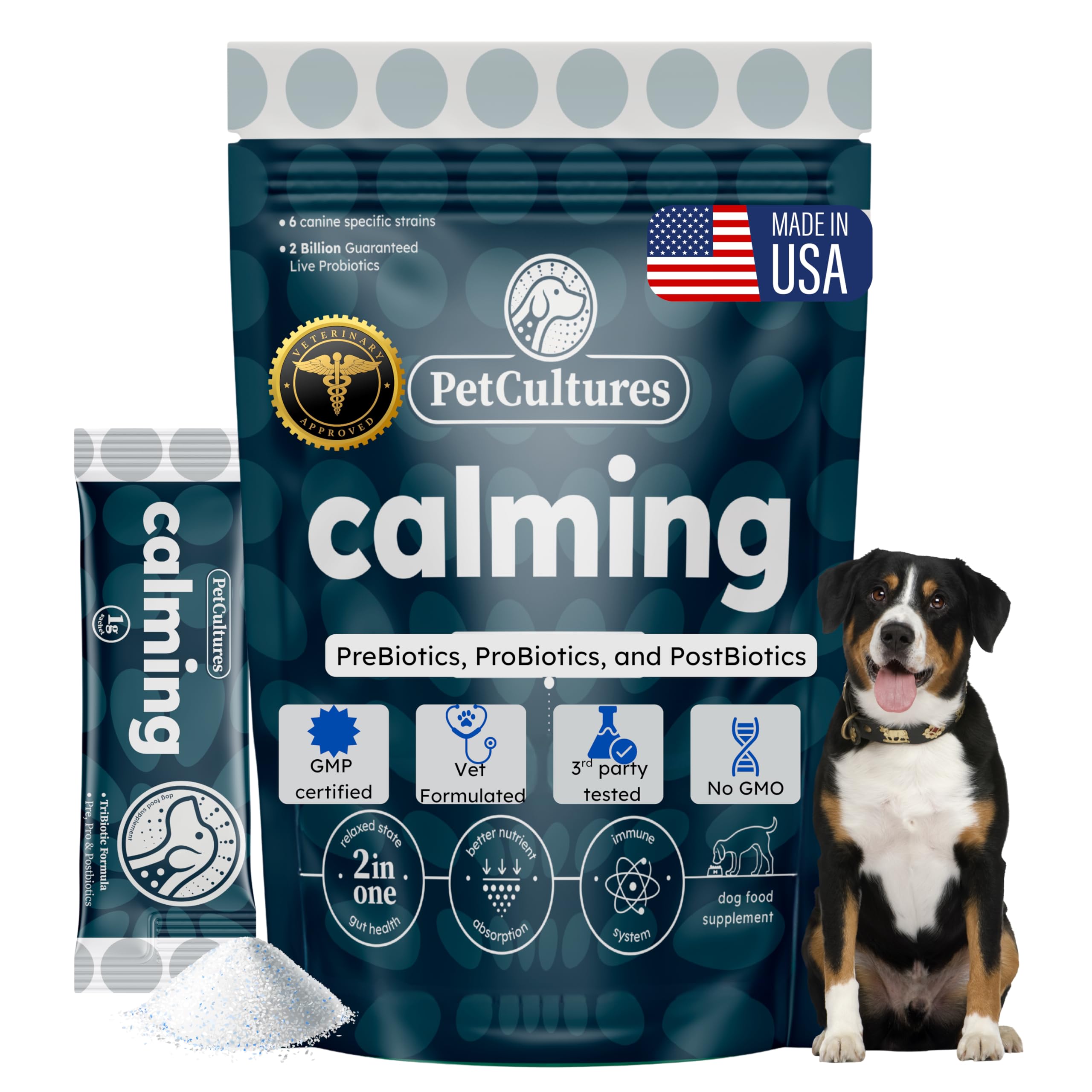 PetCultures Calming Tribiotic Dog Supplement Powder – Supports Stress, L-Tryptophan, L-Theanine, and Gut-Brain Axis Balance - Made in USA (30)