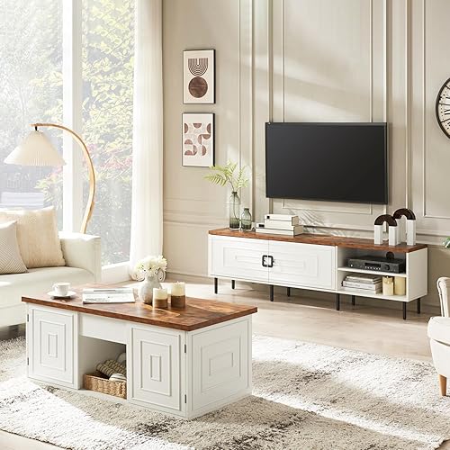 Miniatura 8 de ONBRILL Soporte de TV blanco para sala de estar, soporte de TV de granja de 70 pulgadas para TV de 50/60/70/80 pulgadas, centro de entretenimiento