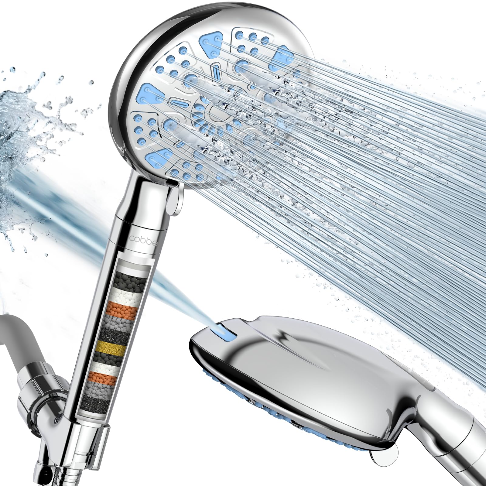 Cobbe Filtered Shower Head with Handheld, High Pressure 9 Spray Mode Shower Head with Filter, Built-in Power Spray to Clean Corner, Water Softener Filters Beads for Hard Water, Remove Chlorine, Chrome