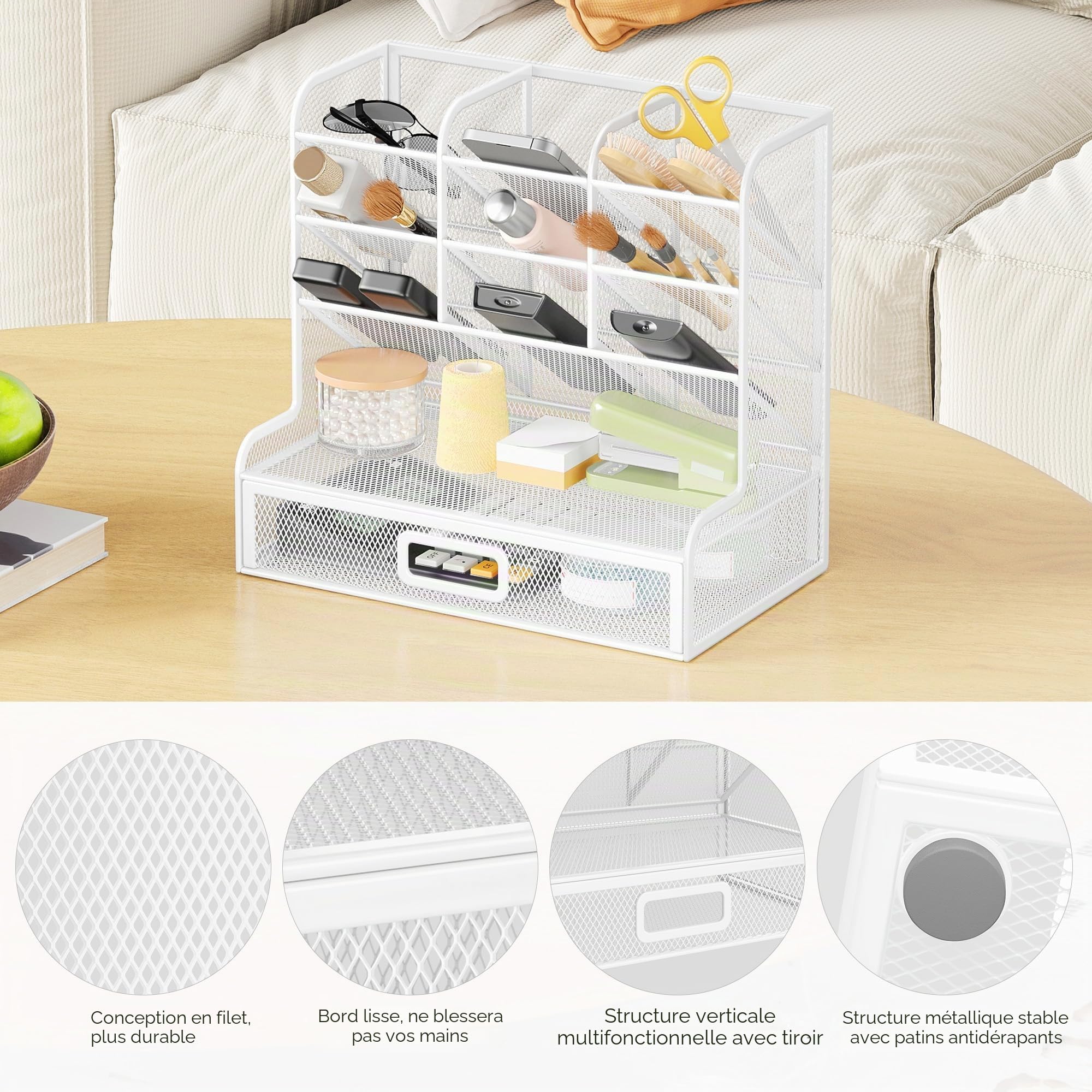 VITVITI Organiseur de Bureau à 4 Niveaux avec Tiroir, 10 Compartiments Porte-stylos pour le Rangement du Bureau - Blanc