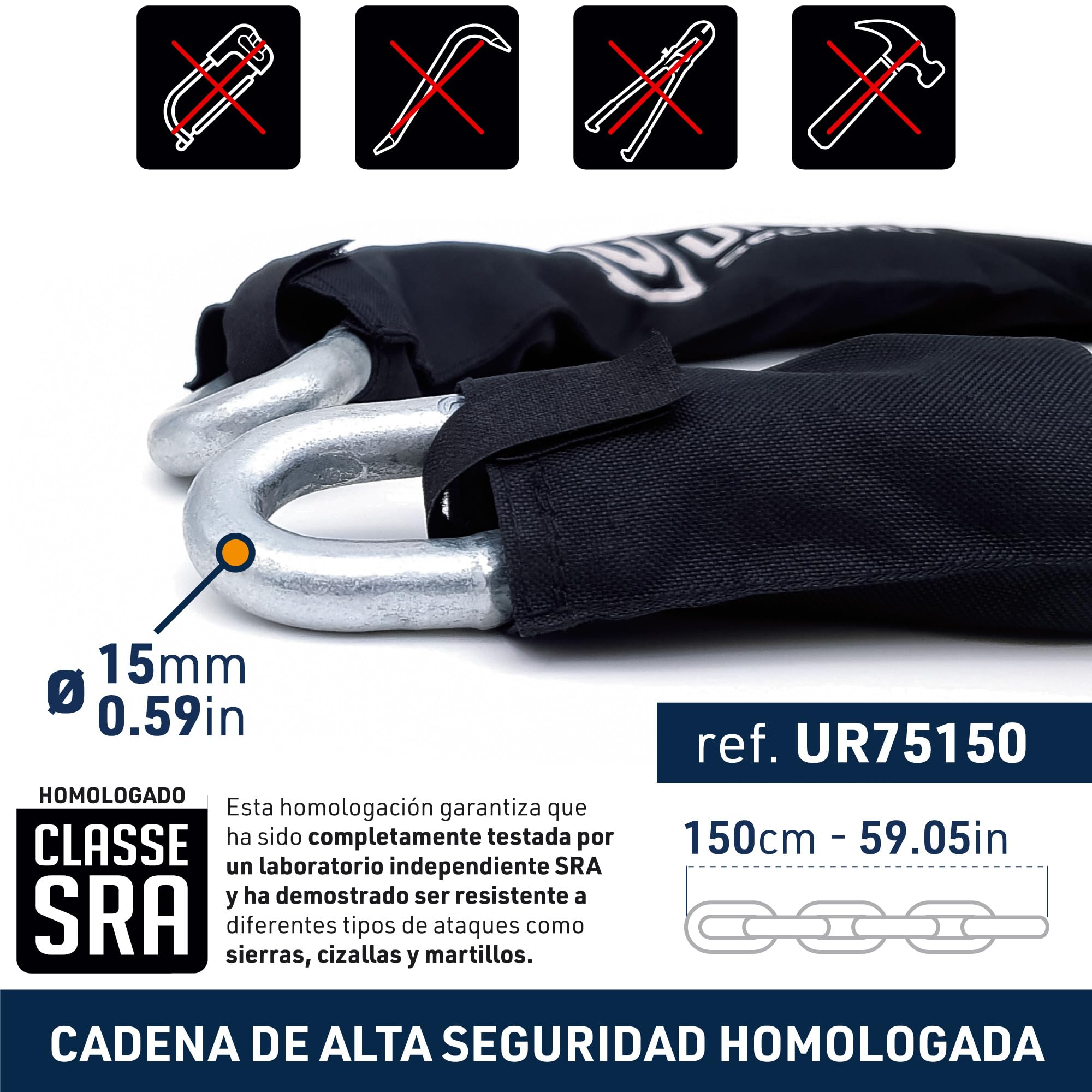 URBAN UR75150 Cadena Candado Antirrobo Pesado ø15mm + Mini U, Alta Seguridad Homologada SRA, 150cm Completamente Testada +Visible, Antirobo Multifunción para Disco Freno, Anclaje, Motocicleta, Parking