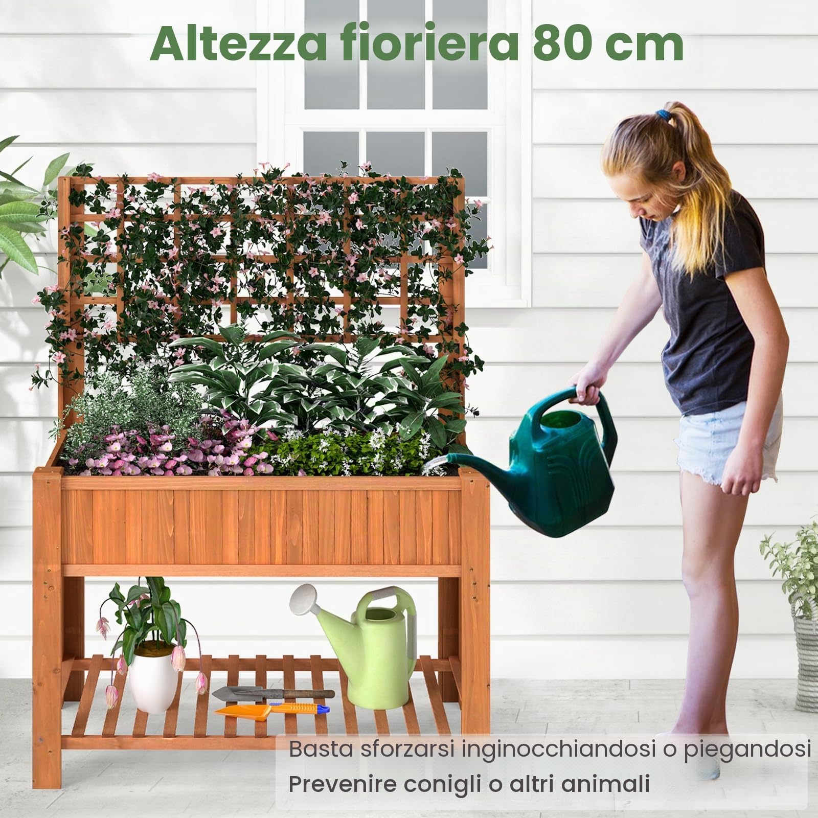 HOMASIS Fioriera Rialzata con Traliccio, Vaso per Piante in Legno con Ripiano e Fori di Drenaggio, Letto da Giardino, Orto da Esterno per Fiori Verdure Erbe, 116 x 59 x 150 cm (Arancione)