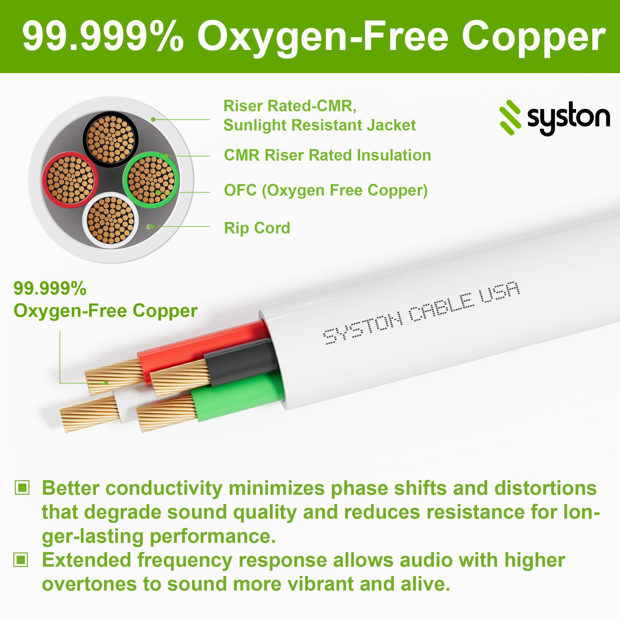 SYSTON Cavo audio per altoparlanti 16/4, 16 AWG 4C filo OFC, conduttori in rame senza ossigeno, CMR Riser-Rated per interni/esterni, resistente ai raggi UV RoHS per altoparlanti Home Theater, bianco