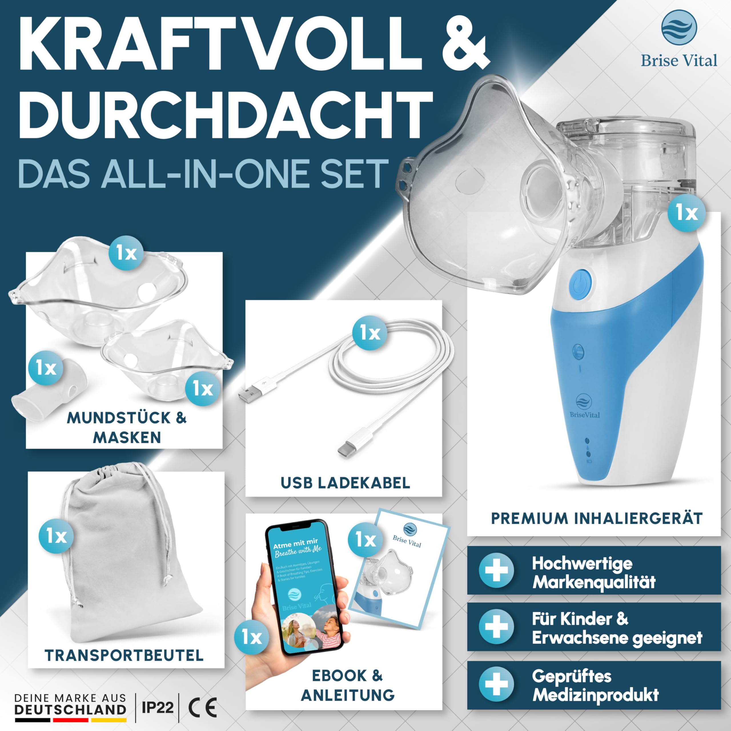 Premium leises Inhalationsgerät für Kinder & Erwachsene - Mesh Nebulizer Vernebler,aufladbar und starkem Akku, Inhaliergeräte für Erwachsene, Inhalator, Inhalationsgerät Kinder,Inhalationslösung