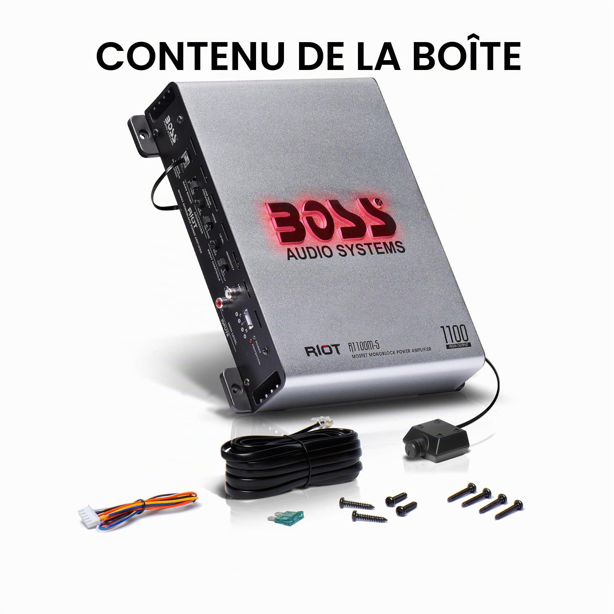BOSS Systèmes audio d’amplificateur de voiture monobloc R1100M-S - 1100 haut rendement, 2-8 Ohm stable, entrées faible/haut niveau, croisement passe-bas, alimentation MOSFET