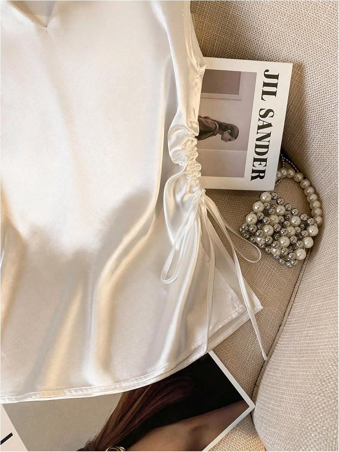 SOLY HUX Women's Satin Blouse V Neck Elegant Tops Tie Side Summer Business Casual Shirts - Image 5