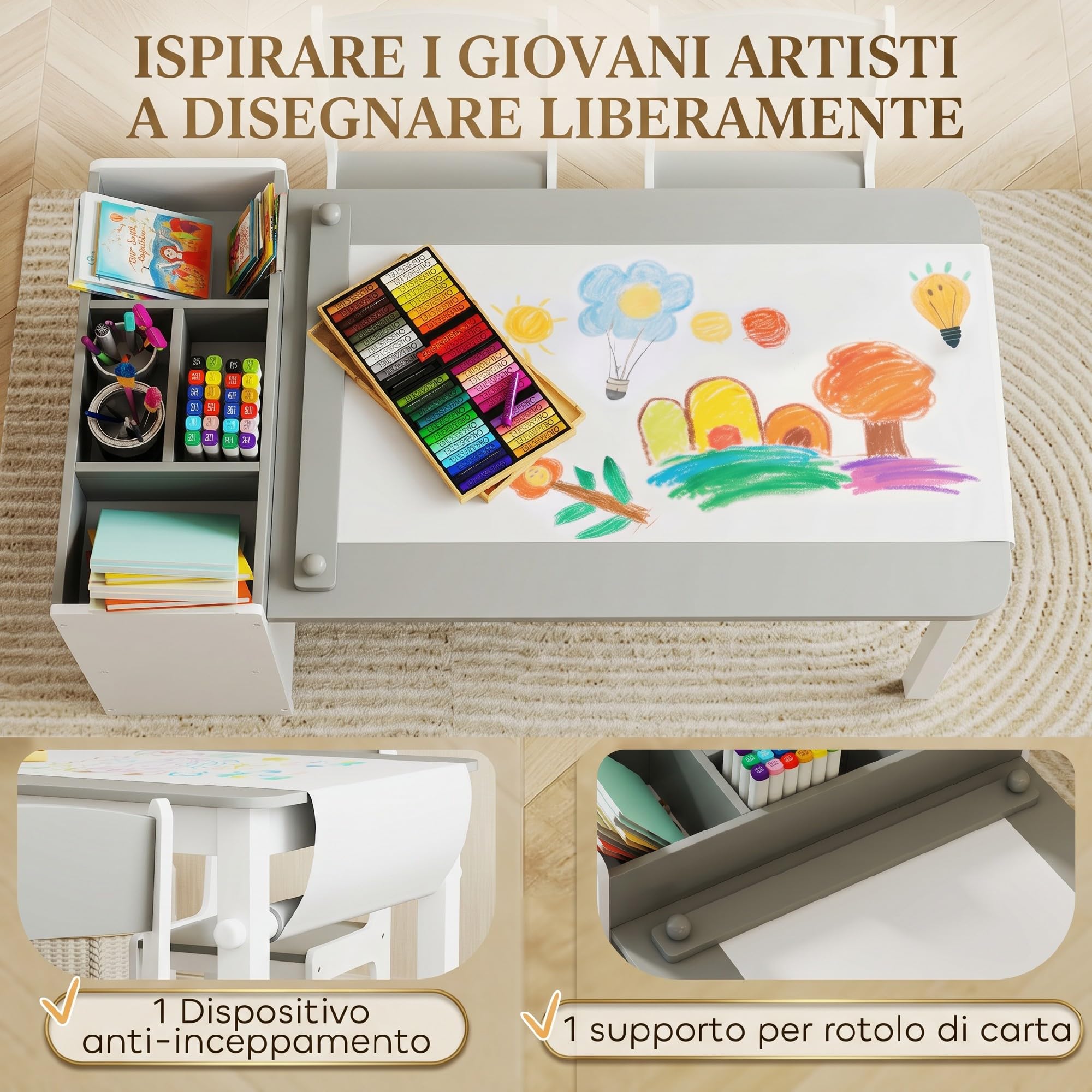 AIYAPLAY Set Tavolo e Sedie per Bambini 3-8 Anni con 2 Sedie e Tavolino con Spazio Contenitore, Mobili per Bambini in Legno di Pino e Tessuto non Tessuto, Bianco e Grigio