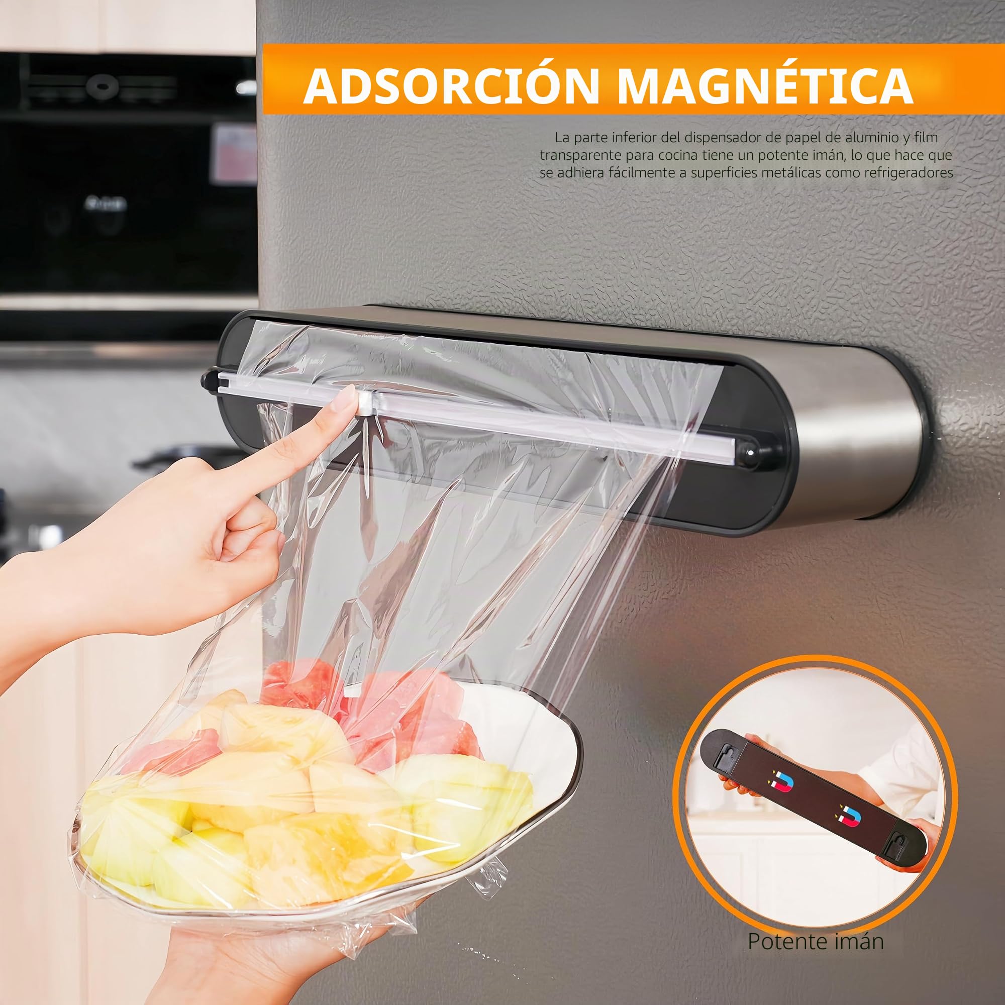 Dispensador Papel Aluminio y Film - Montaje Magnético & Pared sin Taladrar, Cortador Film Transparente, Corte Preciso, Organizador Cocina Profesional - 2 rollos de 100 m, Acero Inox Plata