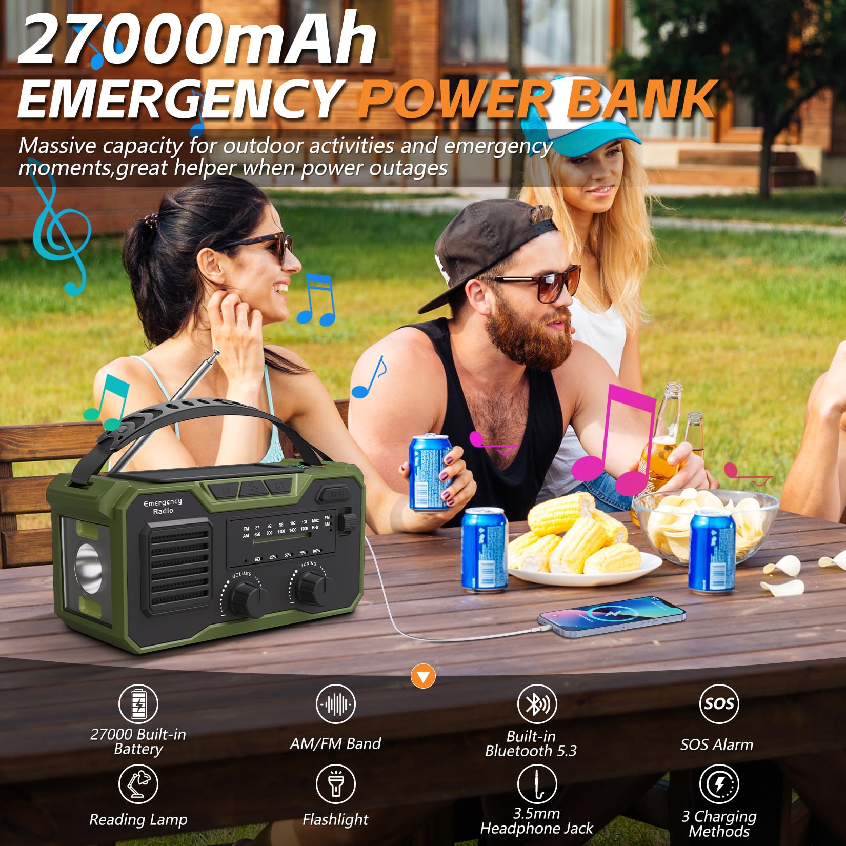 27000mAh Kurbelradio Notfall,Notfallradio Solar Kurbel FM/AM Mit Bluetooth 5.3, Emergency Radio SOS-Alarm&Kompass&Taschenlampe,Survival Radio für Outdoor Vorbereitung auf Naturkatastrophen (Grün)