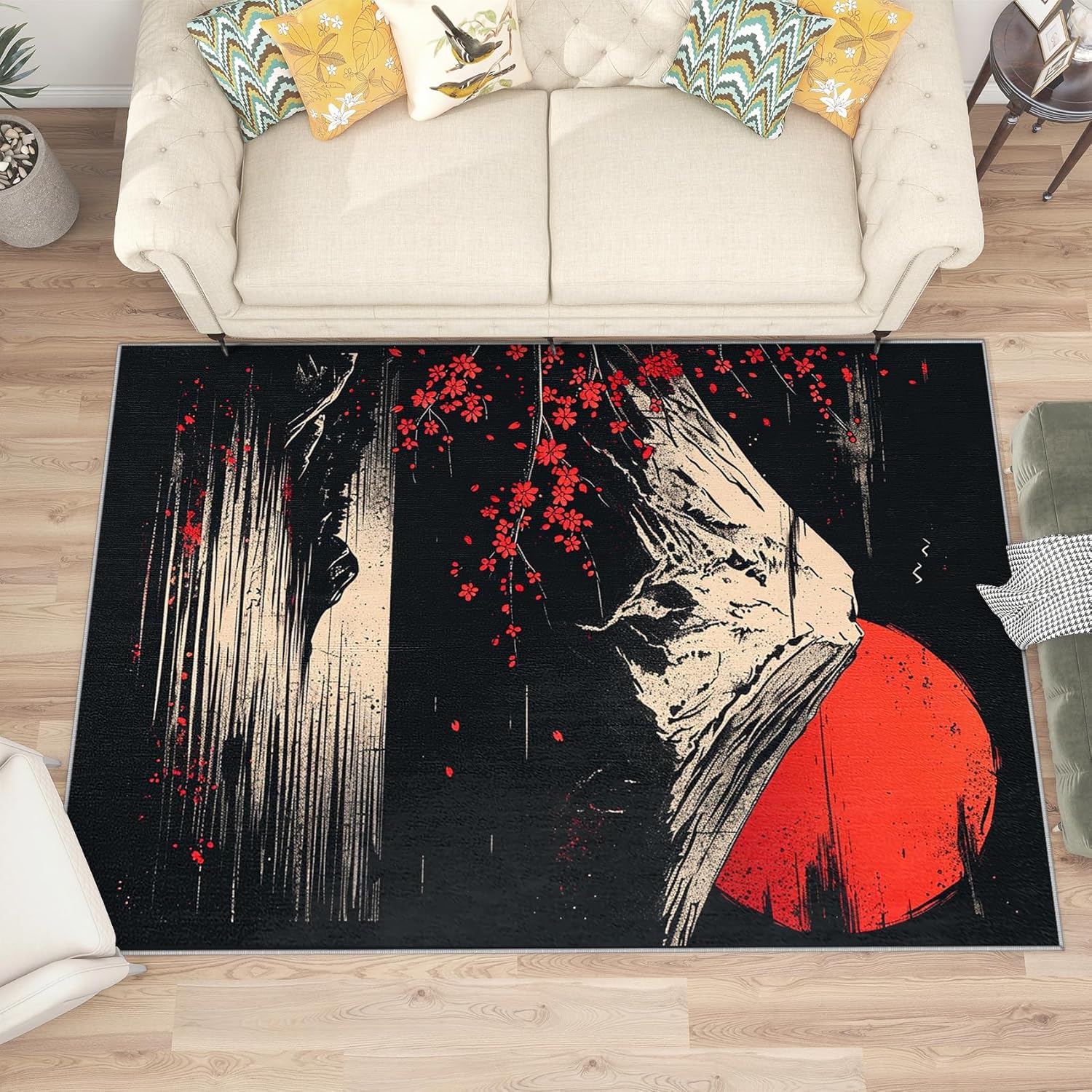 Japanese Rug 5x7-2x3 Rug - Japanese Rug - Japan Mount Fuji Landscape Area Rug - Sun and Mountain Rugs - Black and Red Carpet - Home Decor