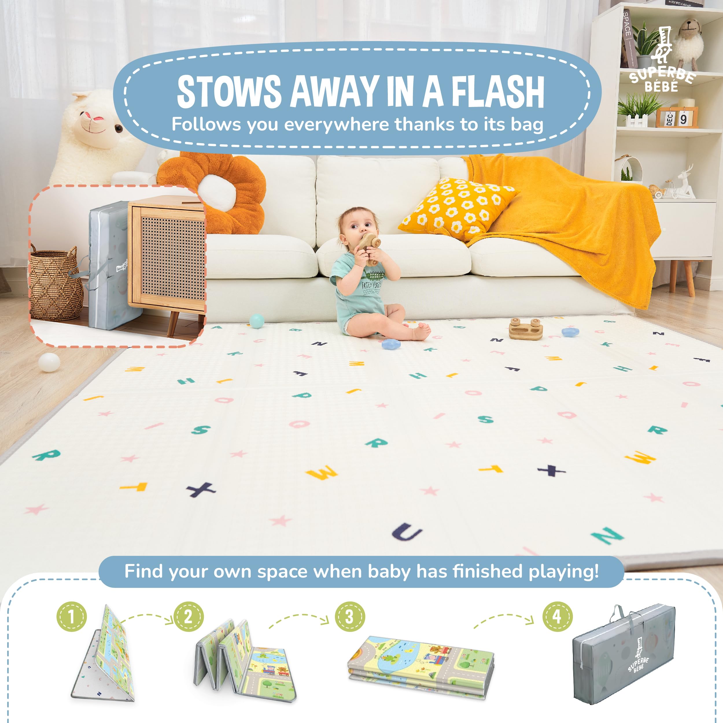 Tappeto Gioco Bambini Pieghevole 150x180x1cm Palestrina Neonato Montessori Reversibile Non Tossico E Impermeabile In Schiuma Per Bimbi. Palestra Neonati - Tappeto Tummy Time Neonati - Regalo Bambino