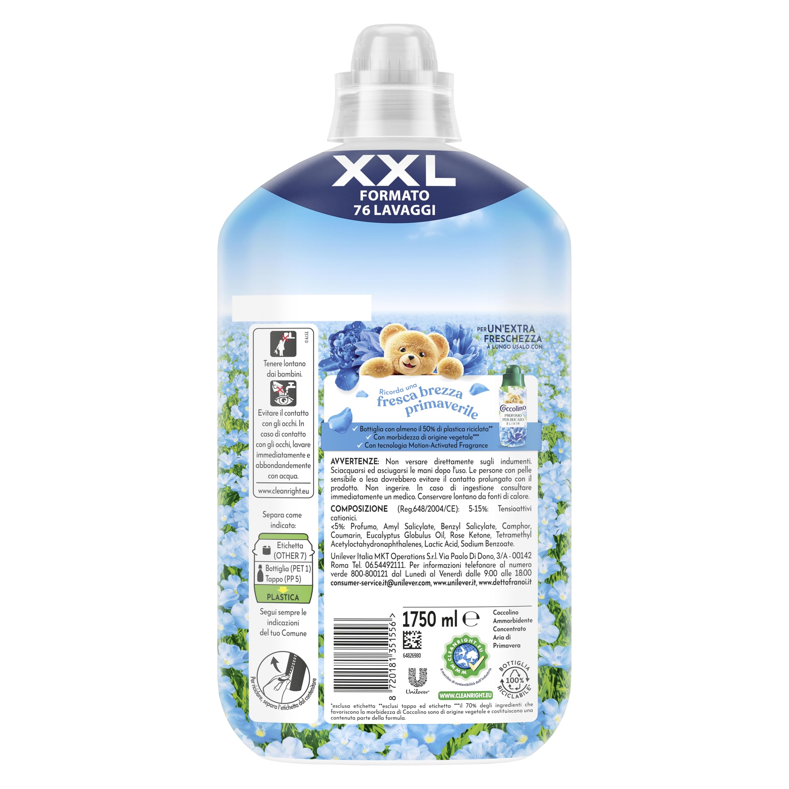 Coccolino Ammorbidente Concentrato Aria di Primavera, Ammorbidente Lavatrice con Tecnologia Stay Fresh, con Note Fruttate, Rosa, e Sandalo, Formato XXL Fino a 456 Lavaggi, 6 Pezzi da 1750 ml