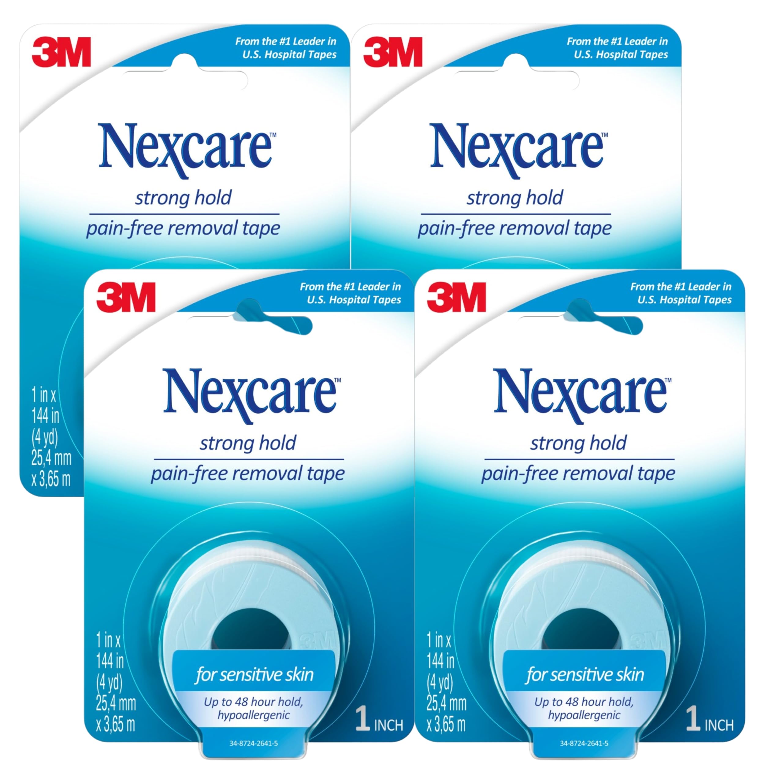 Nexcare Sensitive Skin Low Trauma Tape, 4 Count – Gentle Adhesive Medical Tape for Fragile or Delicate Skin, Hypoallergenic &amp; Latex-Free, Ideal for Post-Surgery Care, Pediatric Use, Frequent Changes