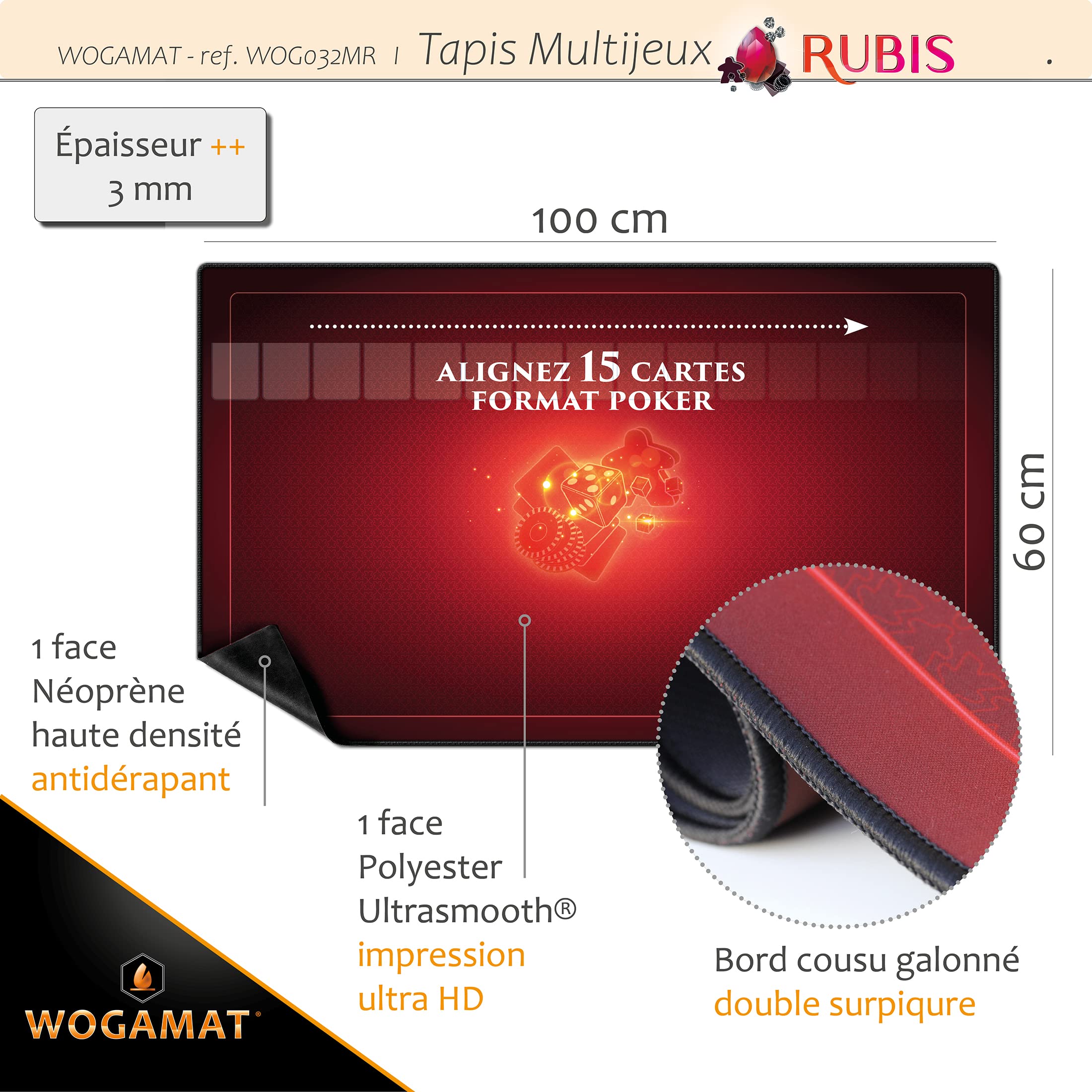 WOGAMAT - Rubinowy czerwony neopren mata do gry o dużej długości 60 x 100 cm do gier karcianych, gier planszowych, gier planszowych - antypoślizgowy gruby cichy neopren, zmywalny, luksusowy dywan do