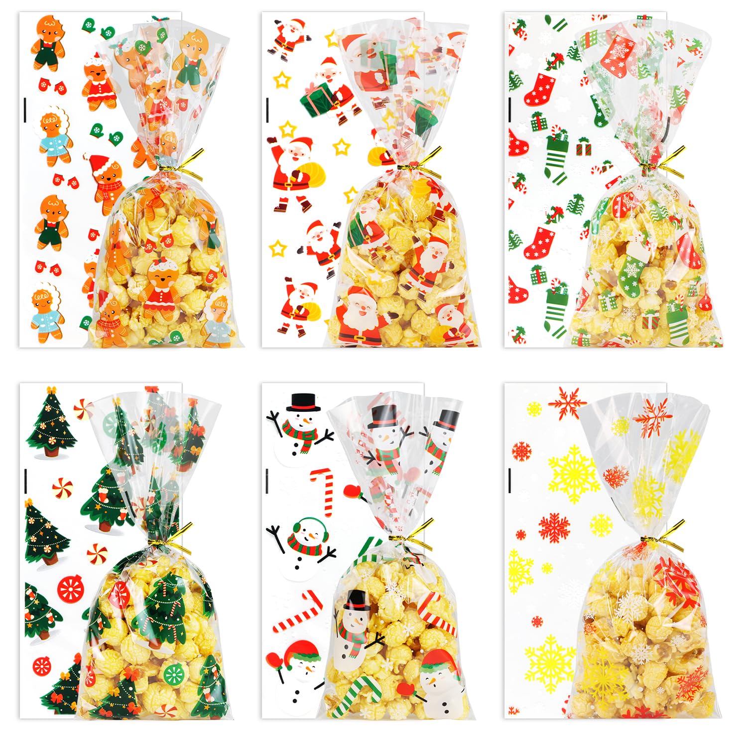 Lanfixilly 150Pcs Christmas Cellophane Treat Bags, 6 Styles Christmas Candy Xmas Goodie Gifts Bags with Twist Ties for Party Favor Supplies