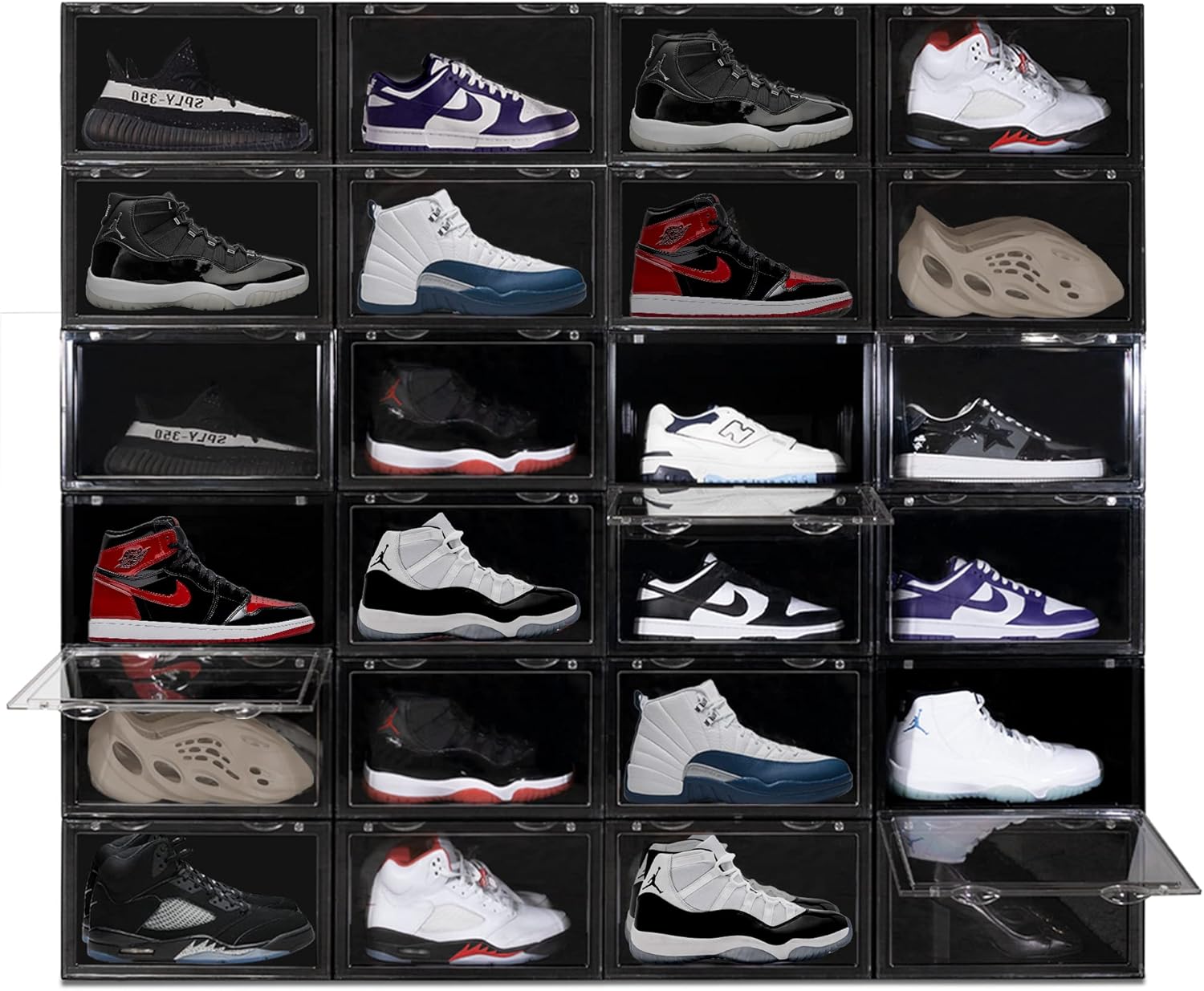 Ollie XL Shoe Storage Boxes – Foldable and Stackable Shoe Storage Organizer – Black Hard Plastic Big Shoe Storage Box For Up to Size 13 – Acrylic Shoe Box for Jordan, Sneakers, Boots (Black, 24-Pack)