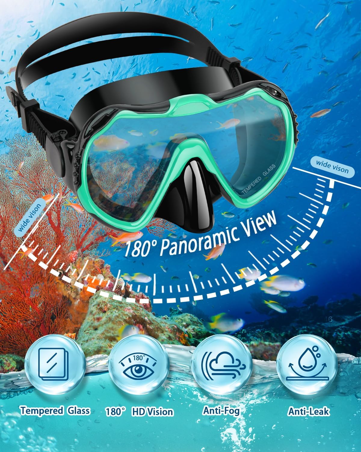 Snorkeling Gear for Adults, Adult Snorkel Set with Panoramic Anti-Leak and Anti-Fog Tempered Glass Snorkel Mask, Dry Top Snorkel, Snorkle Mask Set Adult with Mesh Bag Ear Plug for Snorkeling - Image 2