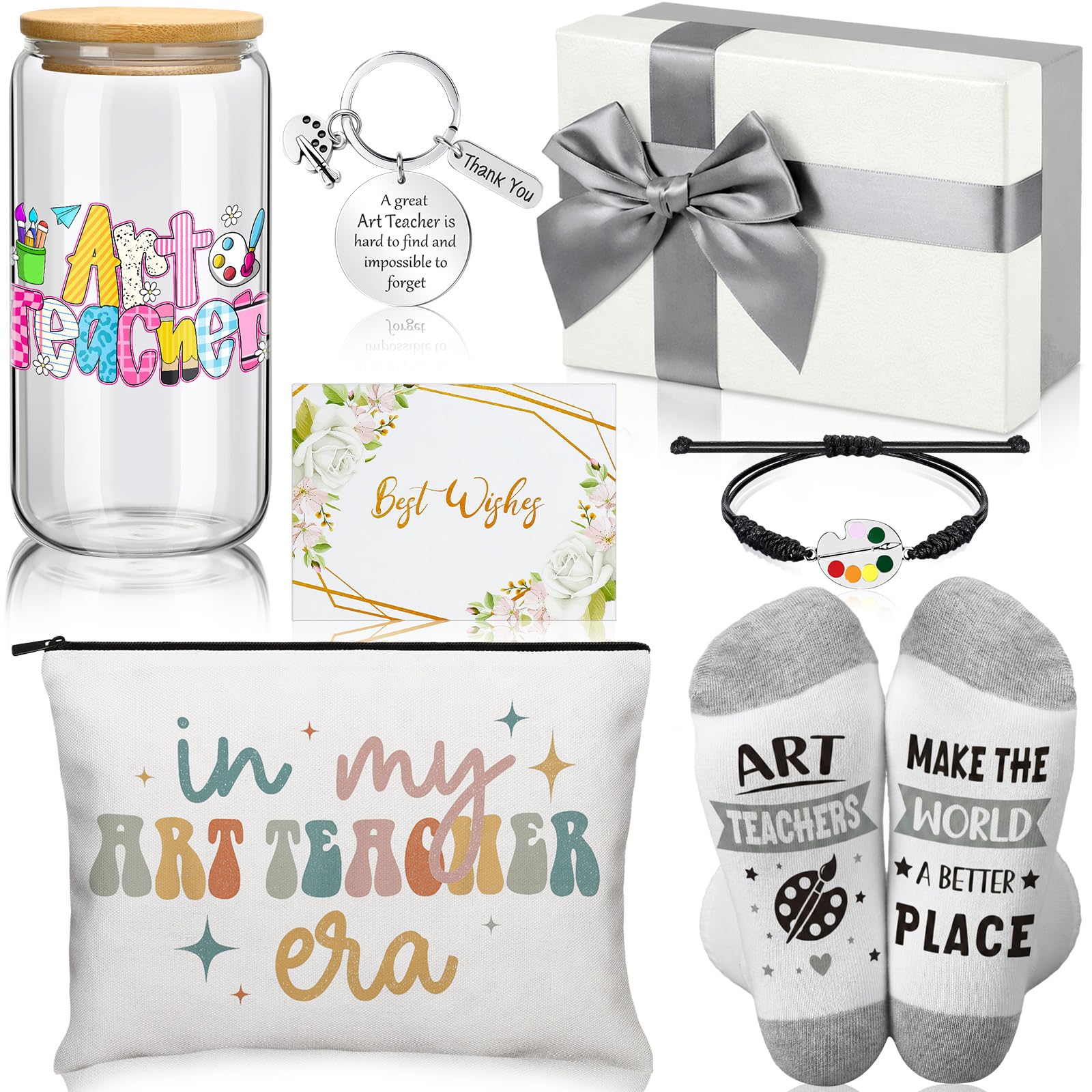 Remerry 7 Pcs Art Teacher Appreciation Gifts Include 16 oz Glass Cup Cosmetic Bag Socks Keychain Bracelet Card and Gift Box Ideas Thank You Basket for Art Teacher from Students