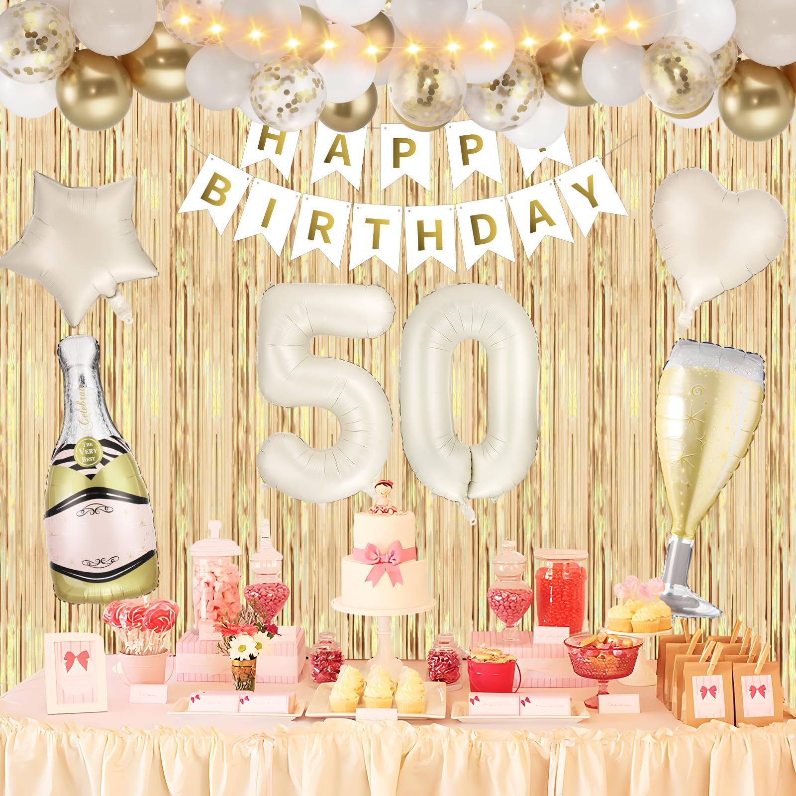 White Gold 18th Birthday Decorations Kit - Balloons, Banner, Curtains & LED Lights