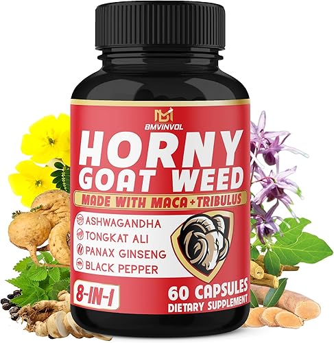 BMVINVOL Horny Goat Weed Cápsulas con Tribulus, Ginseng, Ashwagandha, Maca, Tongkat Ali, Ortiga, Pimienta Negra, 60 unidades