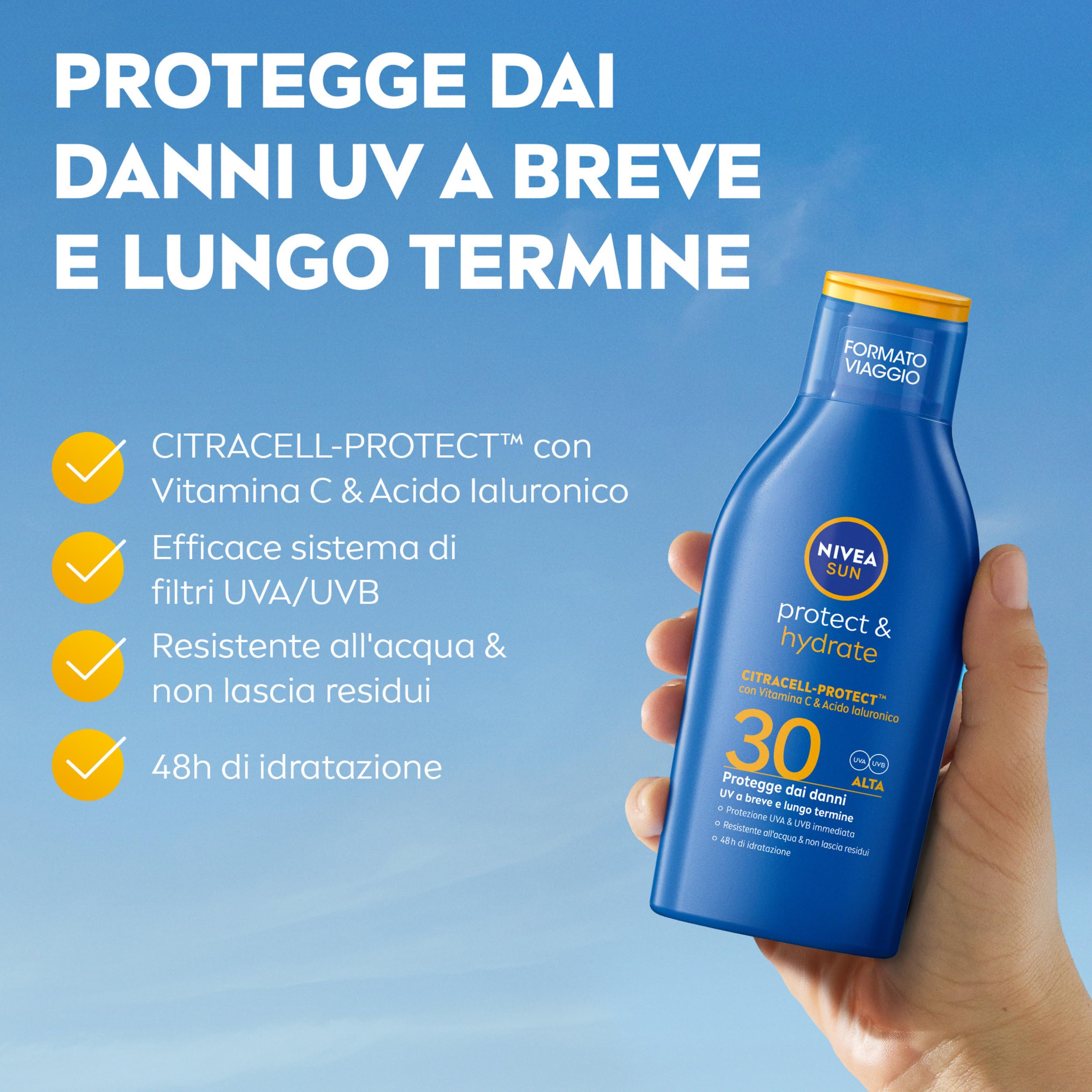 NIVEA SUN Protect & Hydrate SPF 30 Formato Viaggio 100 ml, Crema solare 30 idratante 48h ad assorbimento rapido, Protezione solare 30 resistente all'acqua con Vitamina C e Acido Ialuronico