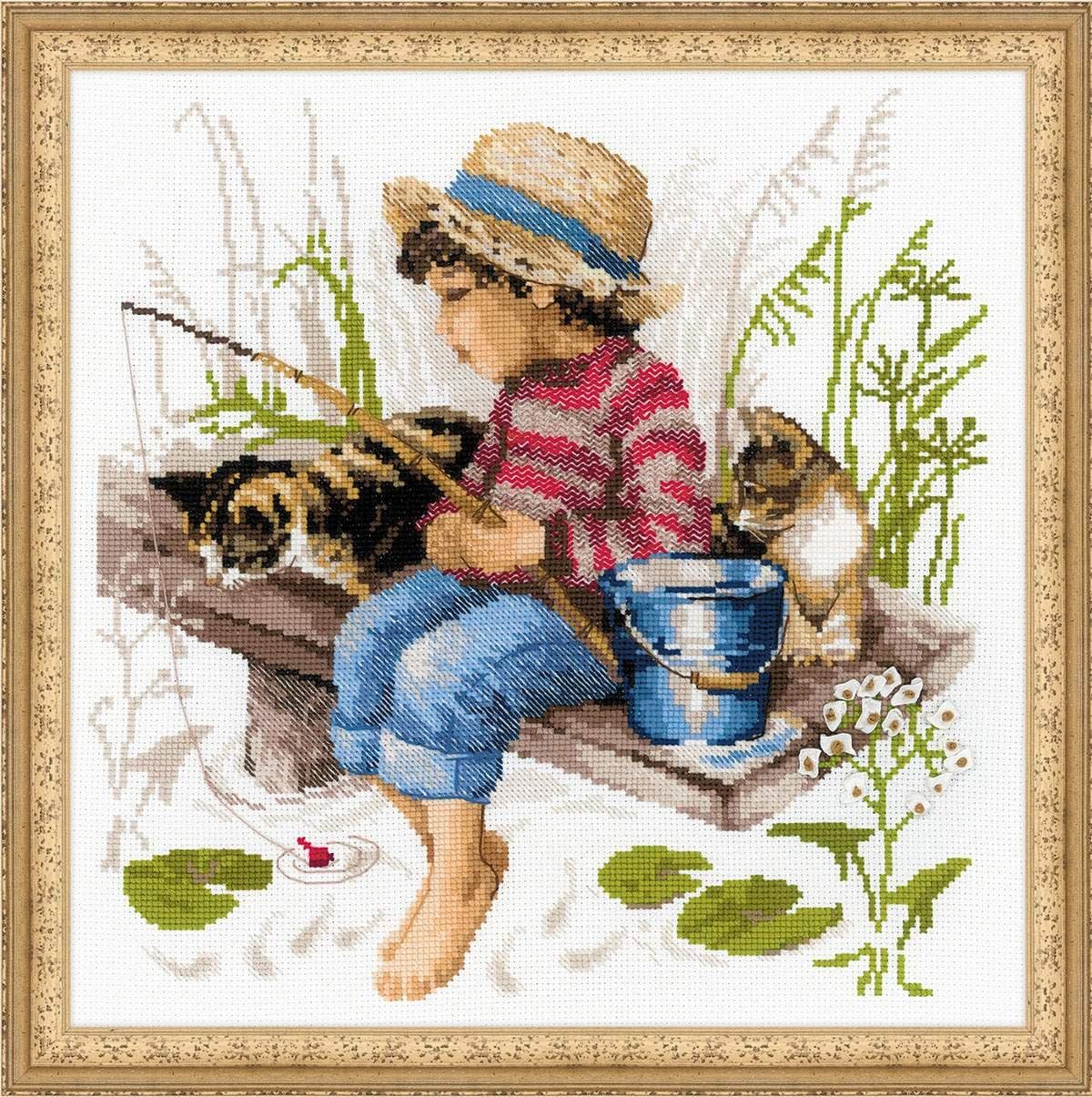 RIOLIS - Let's Go Fishing 1470, Cat Lovers Cat Cross Stitch Kits 11,81" x11,81, Cross Stitch Kits for Beginners & Advanced, Crossstitching Kits Adult, Counted Stitching Kits, Cat Embroidery Kit