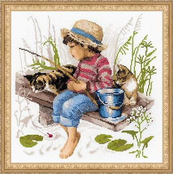 RIOLIS - Lets Go Fishing 1470, Cat Lovers Cat Cross Stitch Kits 11,81" x11,81, Cross Stitch Kits for Beginners & Advanced, Crossstitching Kits Adult, Counted Stitching Kits, Cat Embroidery Kit