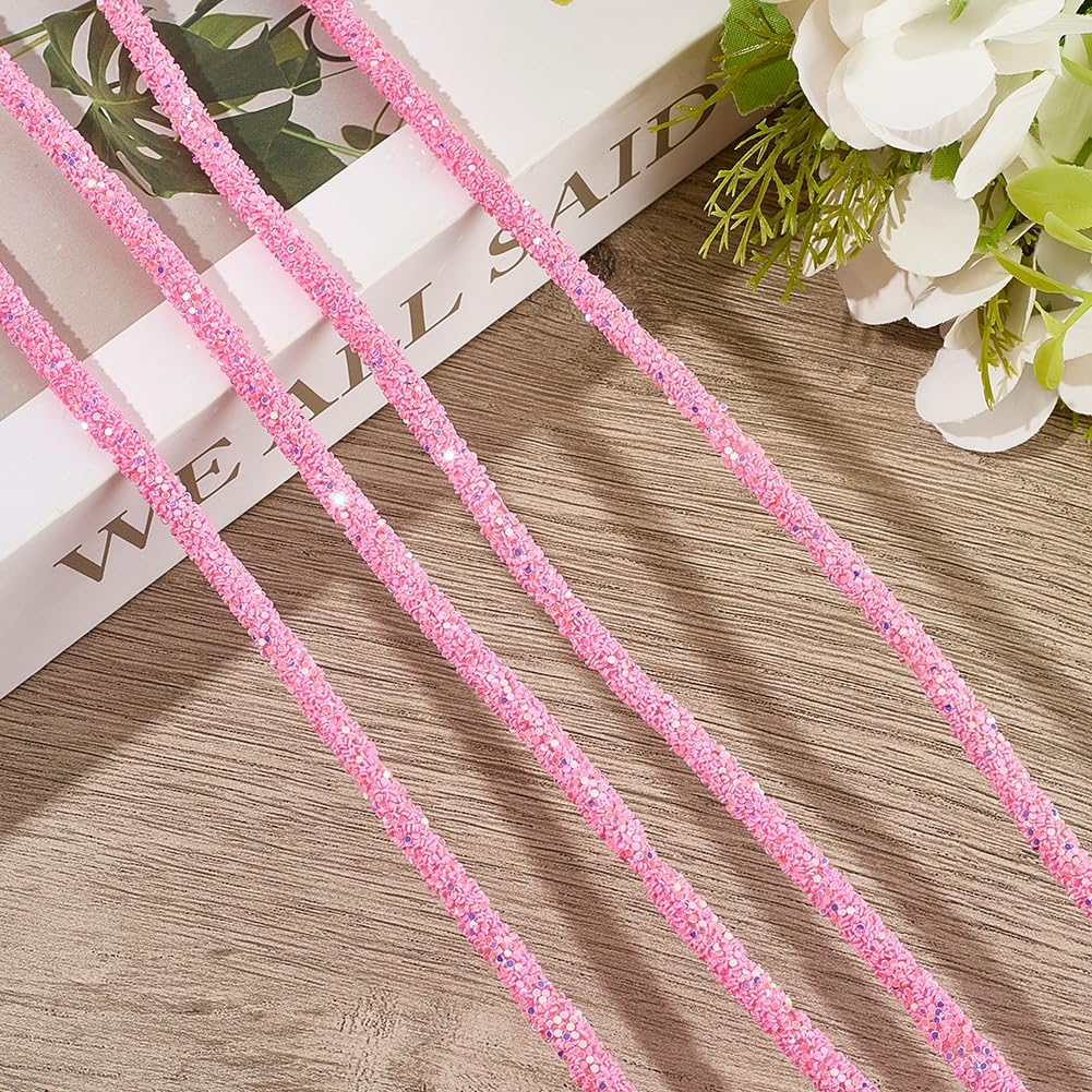 6MM Pink Glitter Rope Ribbons Sparkle Sequins Round Cord Trimming Glass Rhinestone Tube Sequin String for Jewelry Making Wedding Dresses Costume Decor Clothes Shoes Accessories DIY Crafts