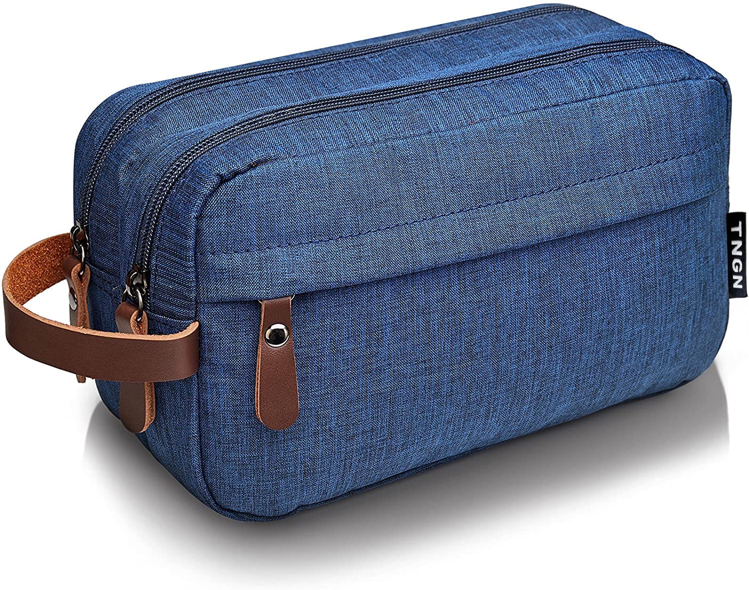 Travel Toiletry Bag Canvas Leather Cosmetic Makeup Organizer Shaving Dopp Kits with Double Compartments for men and women (Navy Blue)