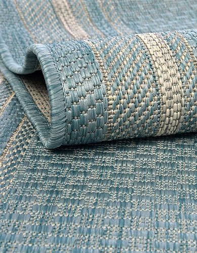 Vista 281 de Unique Loom - Colección Outdoor Border - Tapete para exteriores de borde suave - 5 pies 3 pulgadas x 8 pies, rectangular, azul/marfil azu/marfil