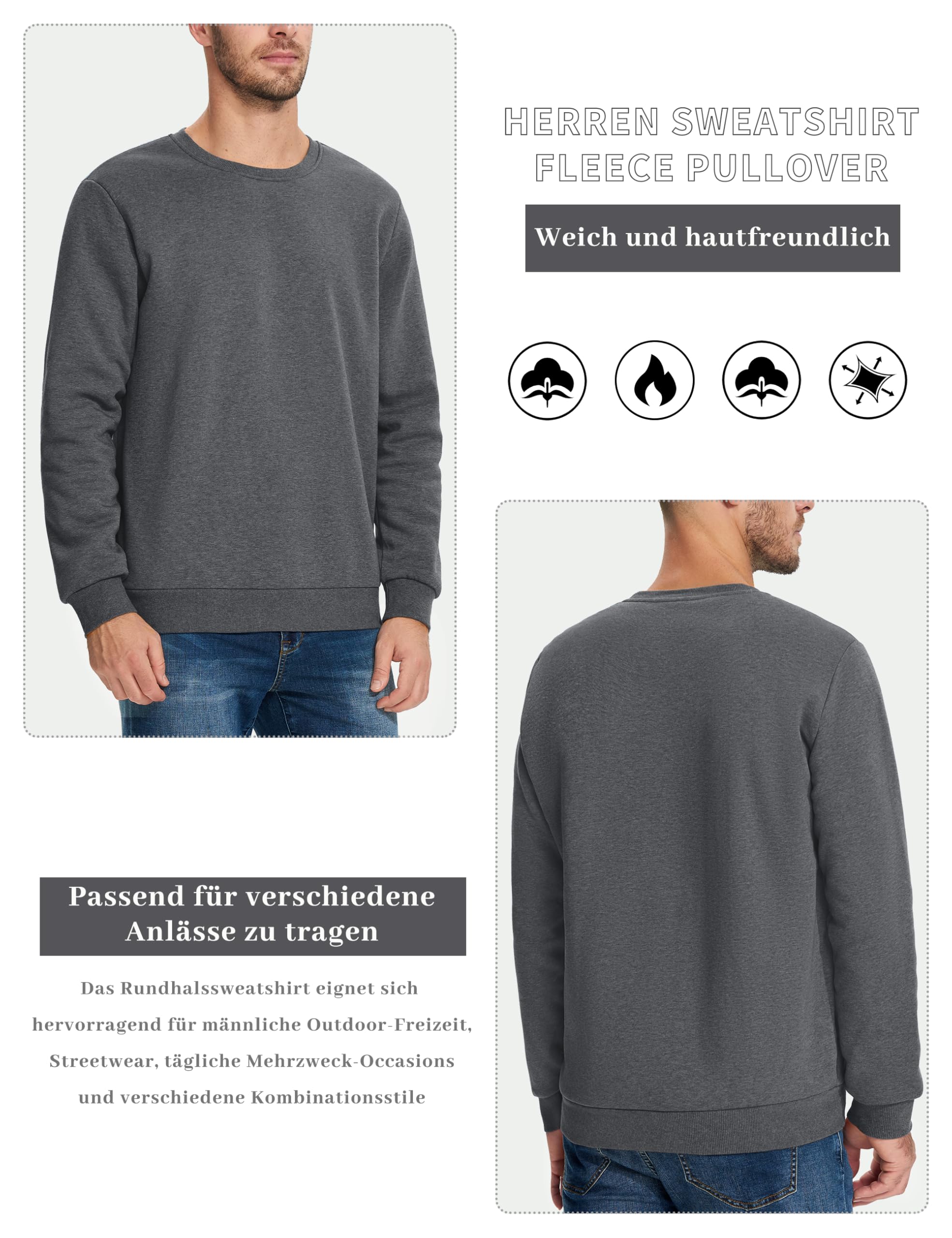KEFITEVD Herren Winter Sweatshirt Warm Fleece Pullover Ohne Kapuze Sherpa | Warmes Sherpa Innenfutter, Arbeitspullover, Langarm und Rundhals, Perfekt für Kalte Wintertage, Besonders Weiches Fleece